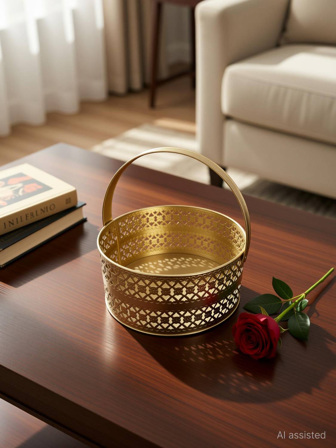 AJ Exports Golden Metal Round Decorative Basket with Handle Iron Flower Basket
