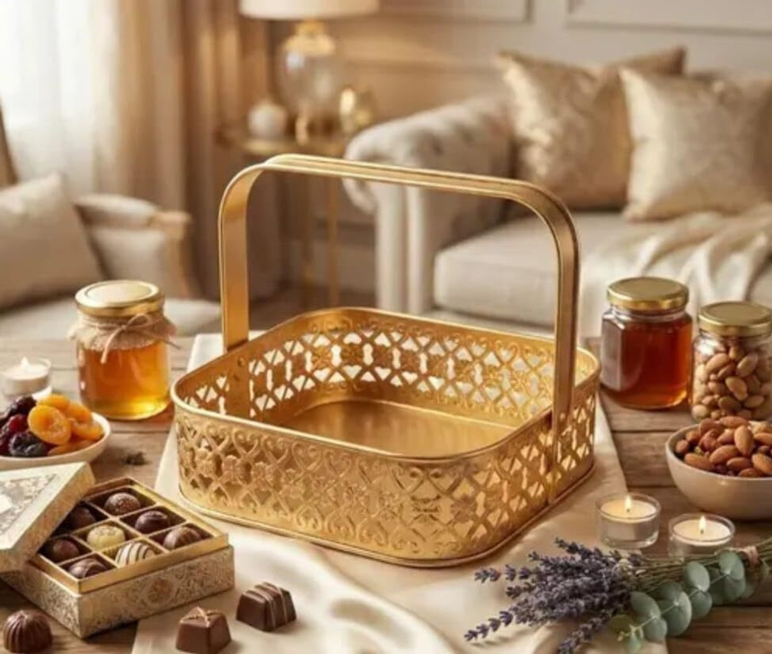 Image of gravity Golden Storage Basket for Kitchen Iron Flower Basket