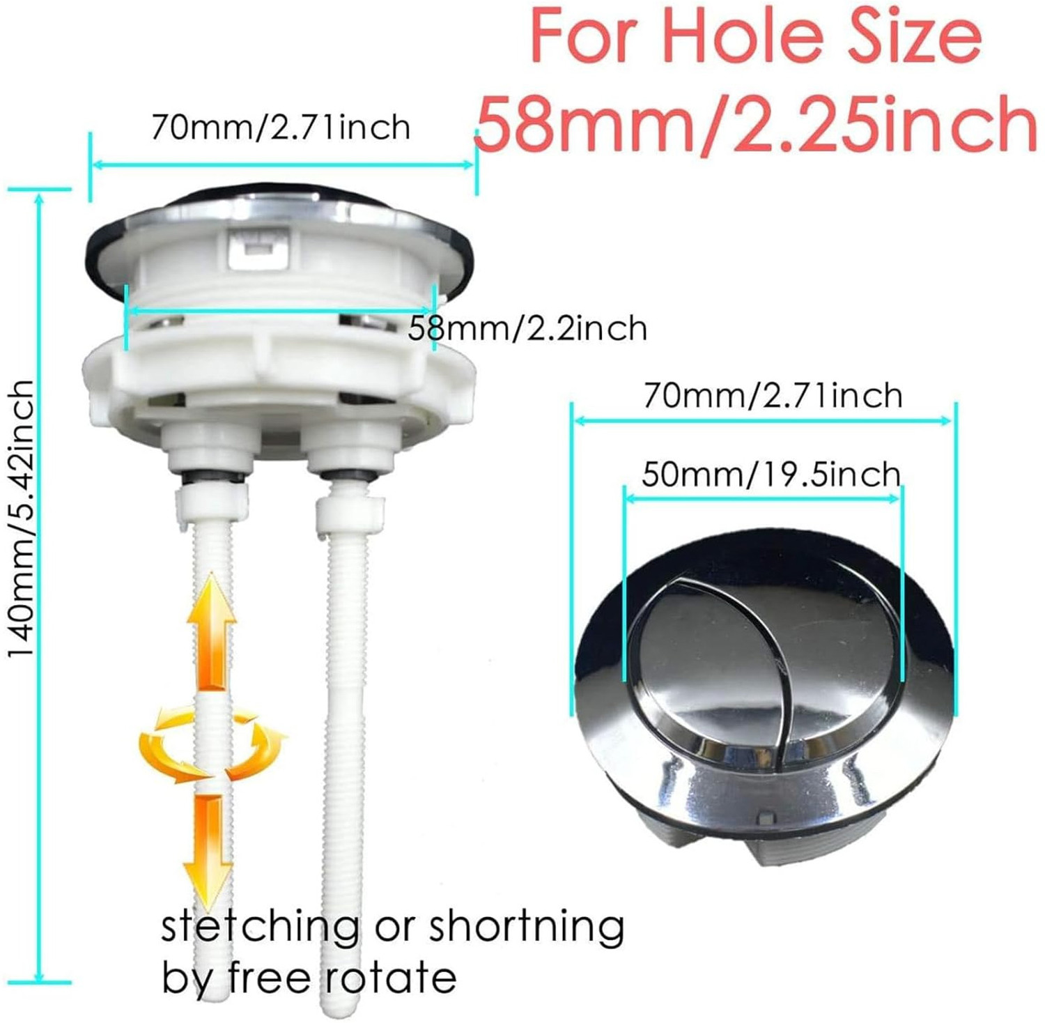 Image of REIOENT Dual Flush Push Button Toilet Water Tank Flushing Replaceable Round Button 58mm Flush Tank Lever