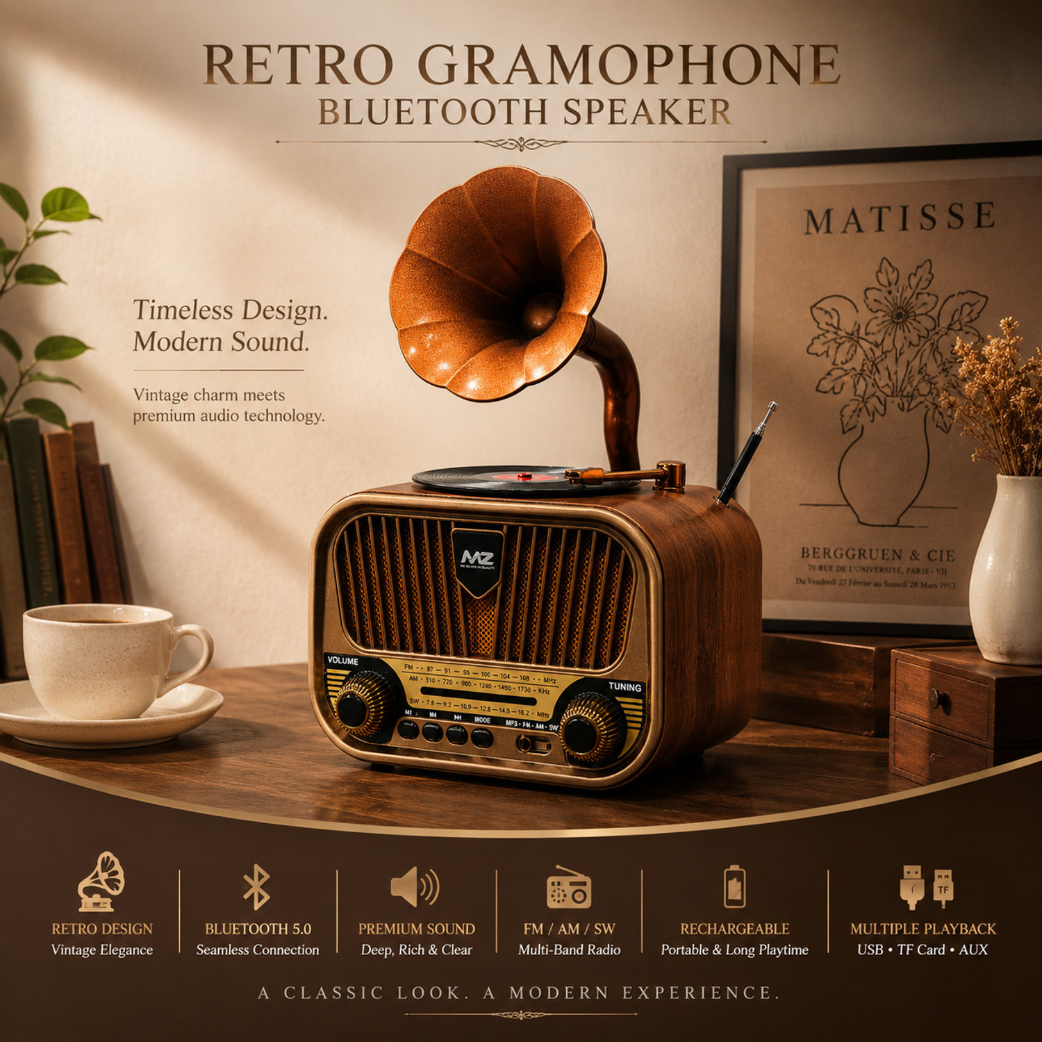 Image of AVTANE Classic Retro Bluetooth Speaker with FM, USB, AUX & Hands Free Calling Speaker FM Radio