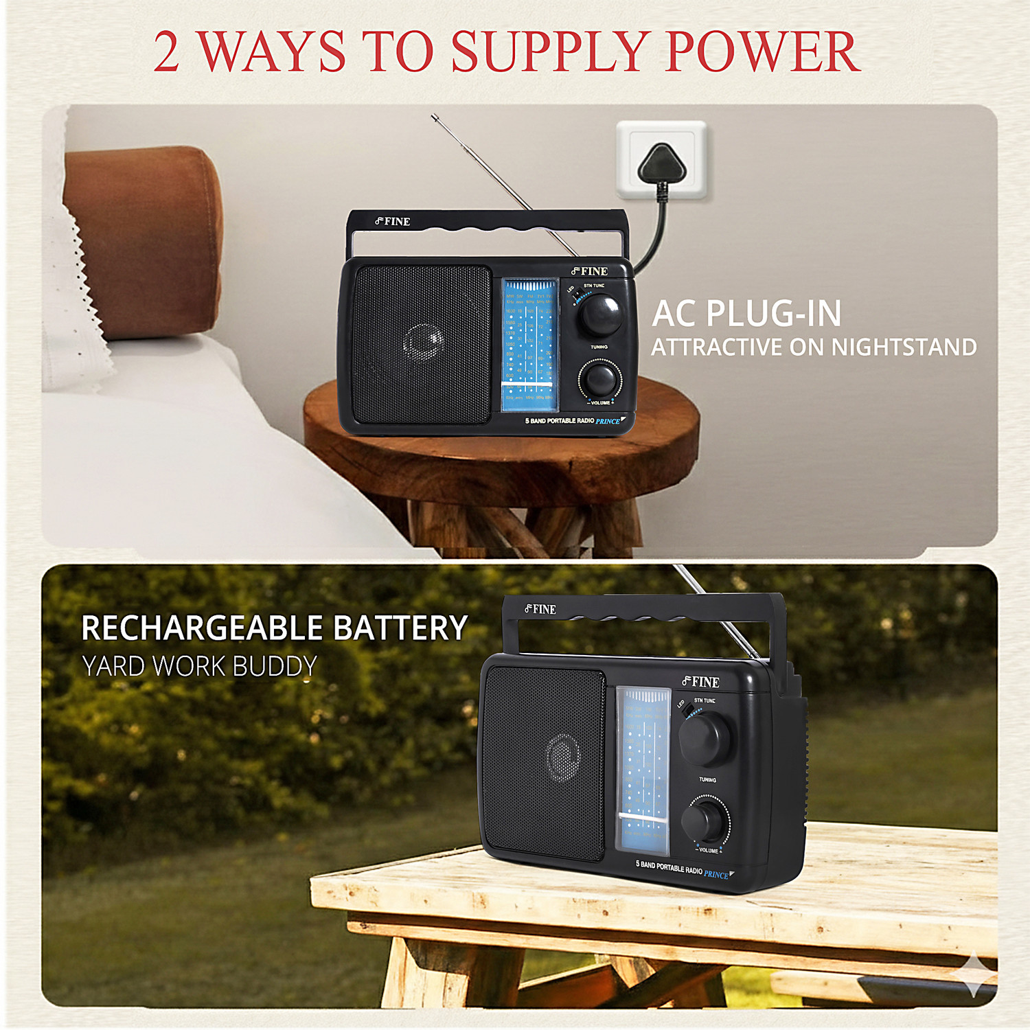 Image of FINE 5 Band Portable AM /FM /SW Radio with Built-in Speaker,Handle&Telescopic Antenna, FM Radio