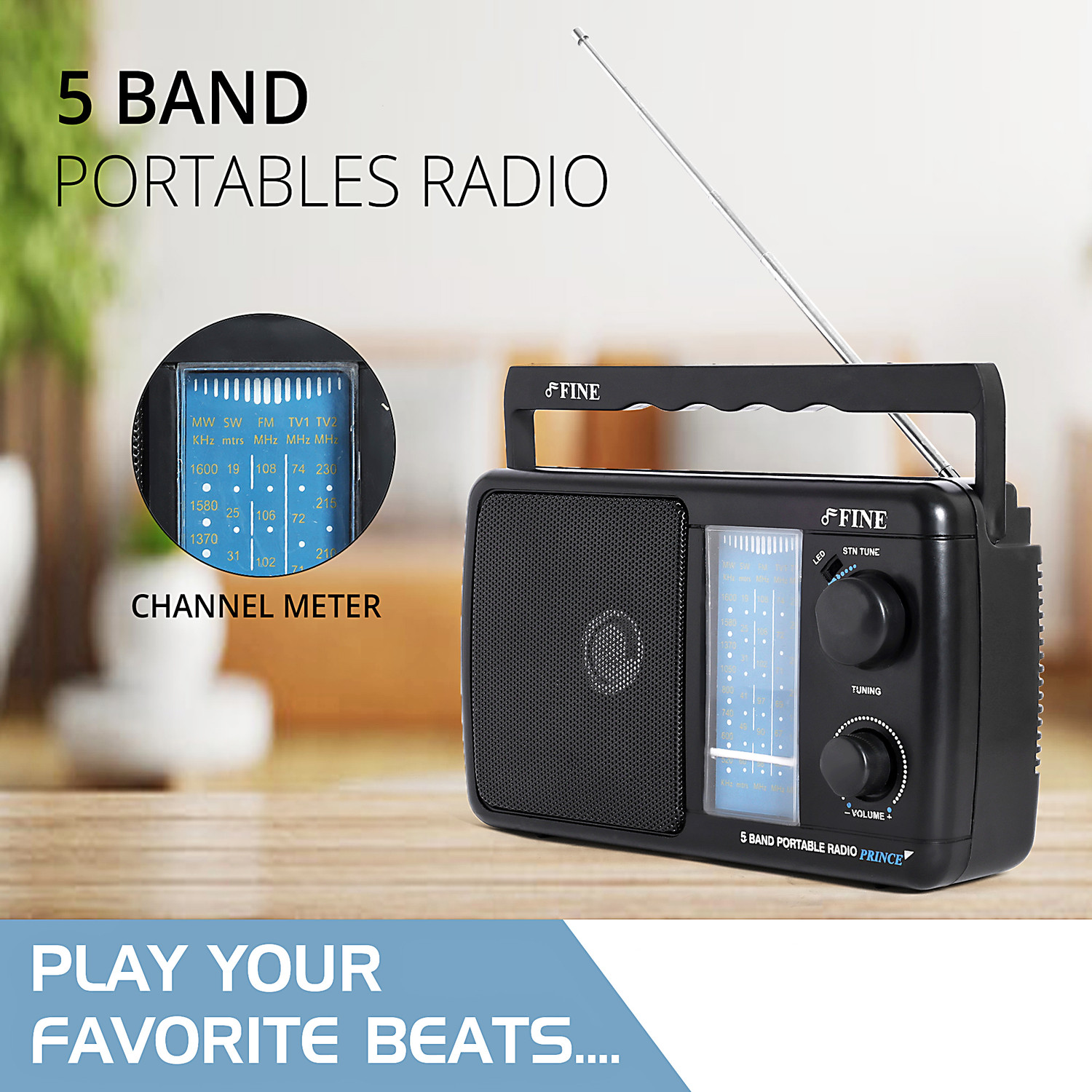 Image of FINE 5 Band Portable AM /FM /SW Radio with Built-in Speaker,Handle&Telescopic Antenna, FM Radio