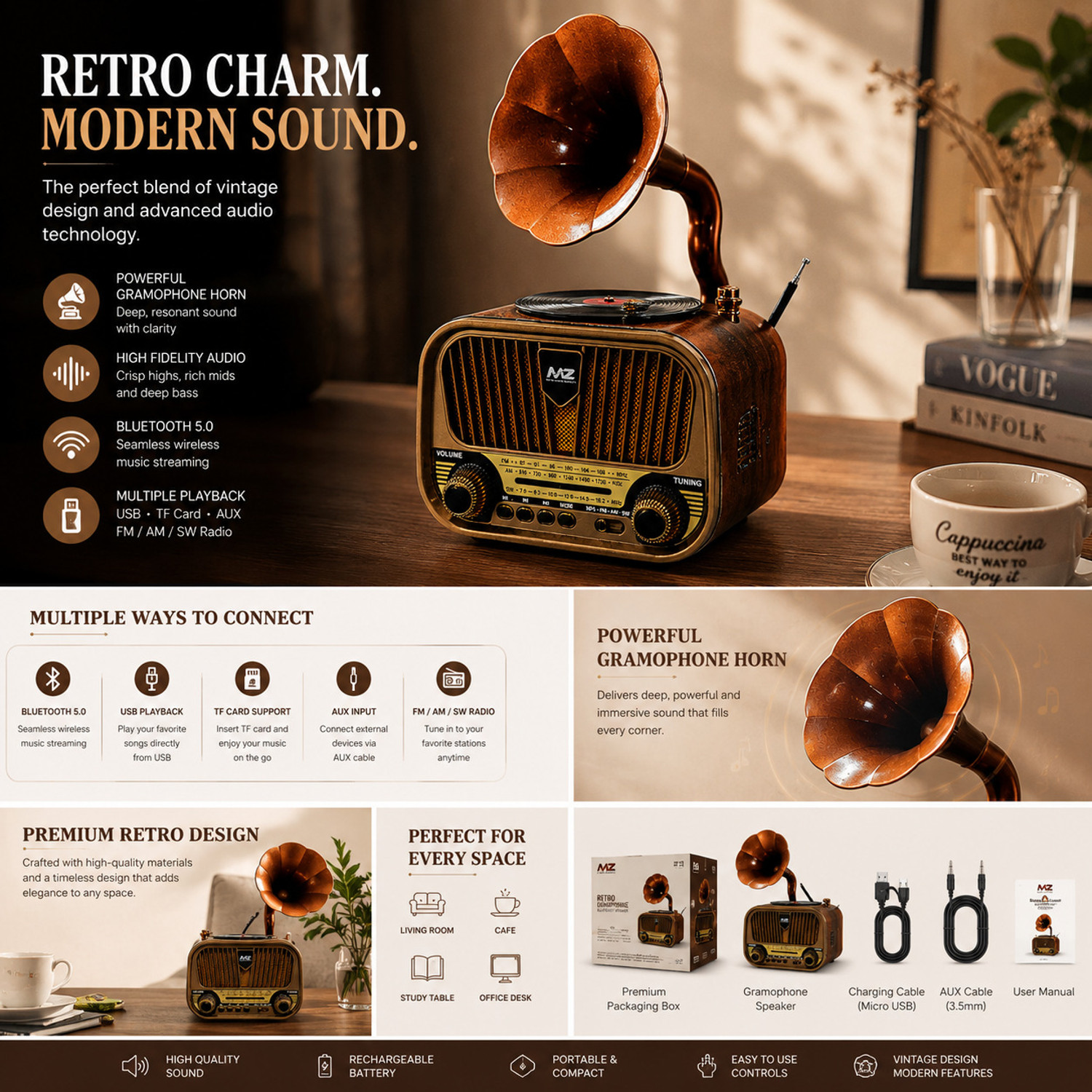 Image of AVTANE Classic Retro Bluetooth Speaker with FM, USB, AUX & Hands Free Calling Speaker FM Radio