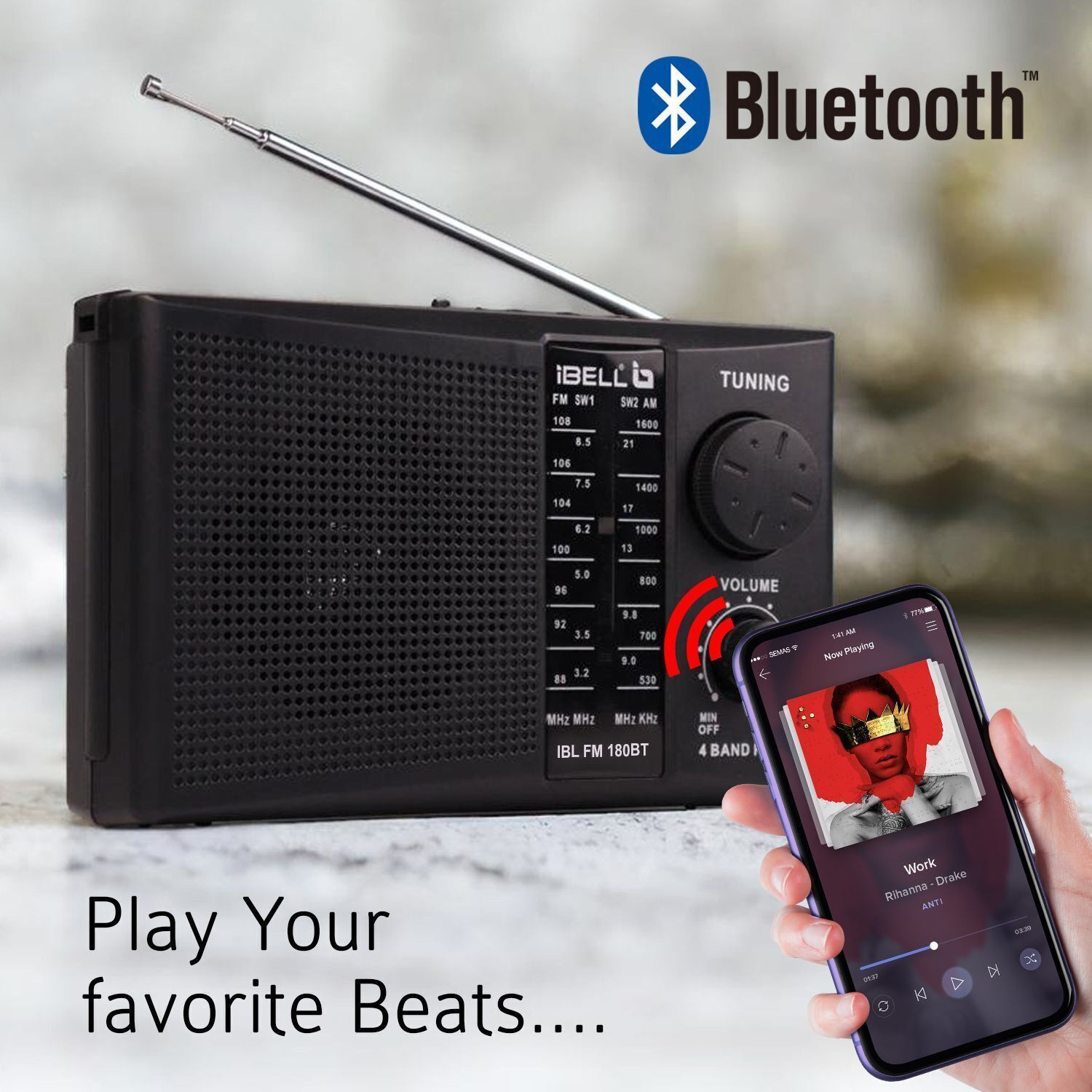 Image of iBELL 180BT Bluetooth,Dynamic Speaker, USB-SD-MP3 Player, 4-Band Portable Rechargeable FM Radio