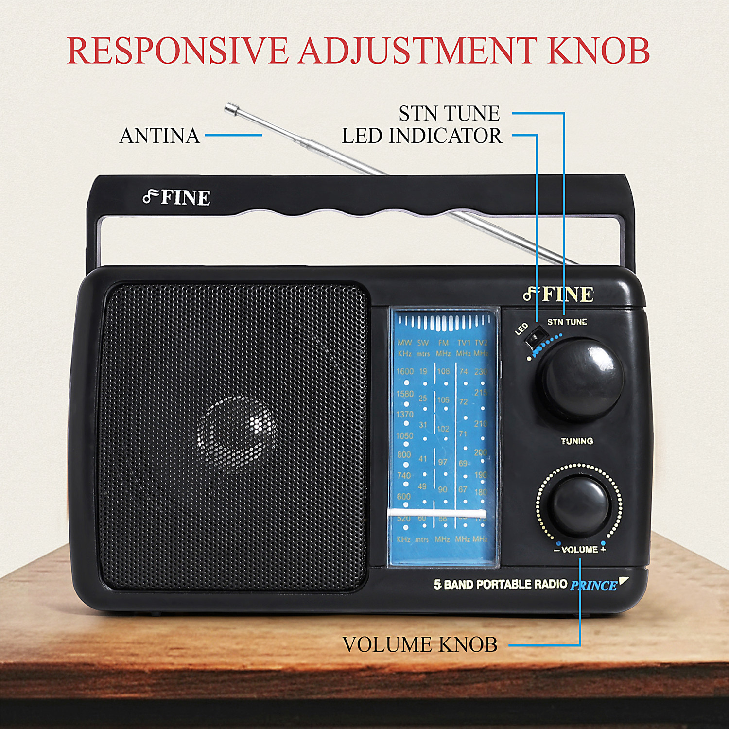 Image of FINE 5 Band Portable AM /FM /SW Radio with Built-in Speaker,Handle&Telescopic Antenna, FM Radio