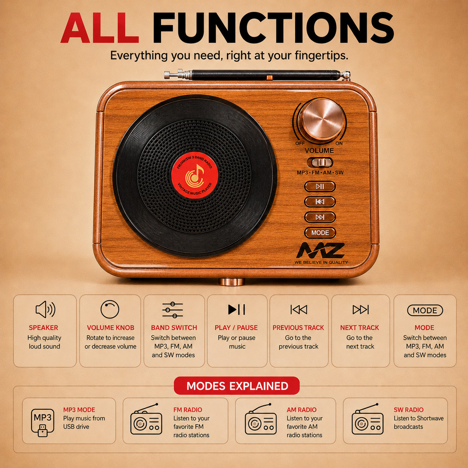 Image of fire turtle Retro Bluetooth FM Radio Speaker with USB Vintage Gramophone Music Player Brown FM Radio