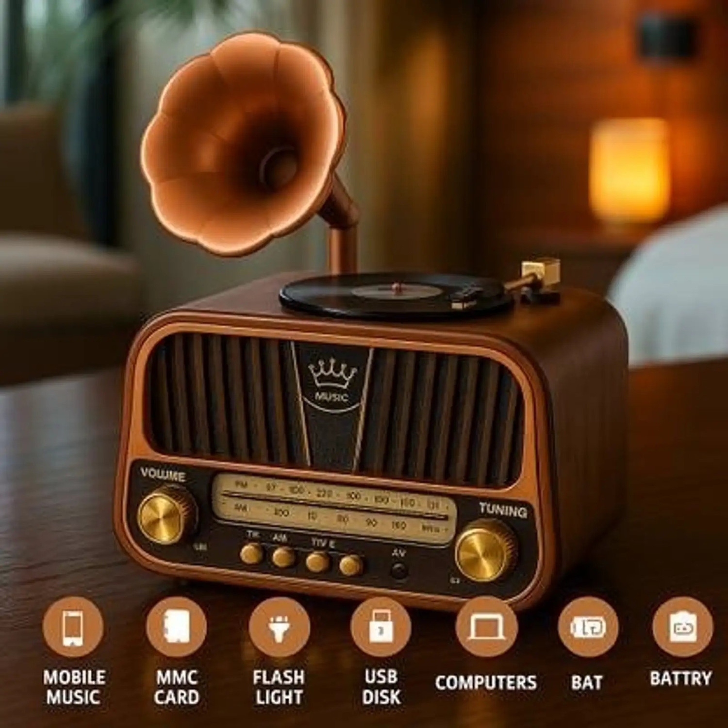 Image of MICROBOTS Vintage Gramophone Style Bluetooth Speaker with FM /AM Radio FM Radio
