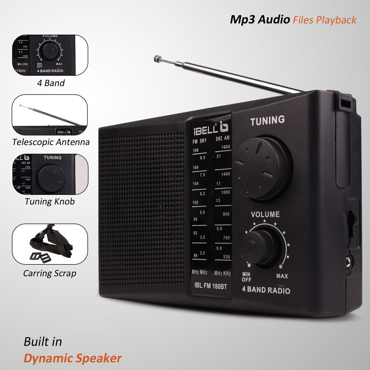 Image of iBELL 180BT Bluetooth,Dynamic Speaker, USB-SD-MP3 Player, 4-Band Portable Rechargeable FM Radio