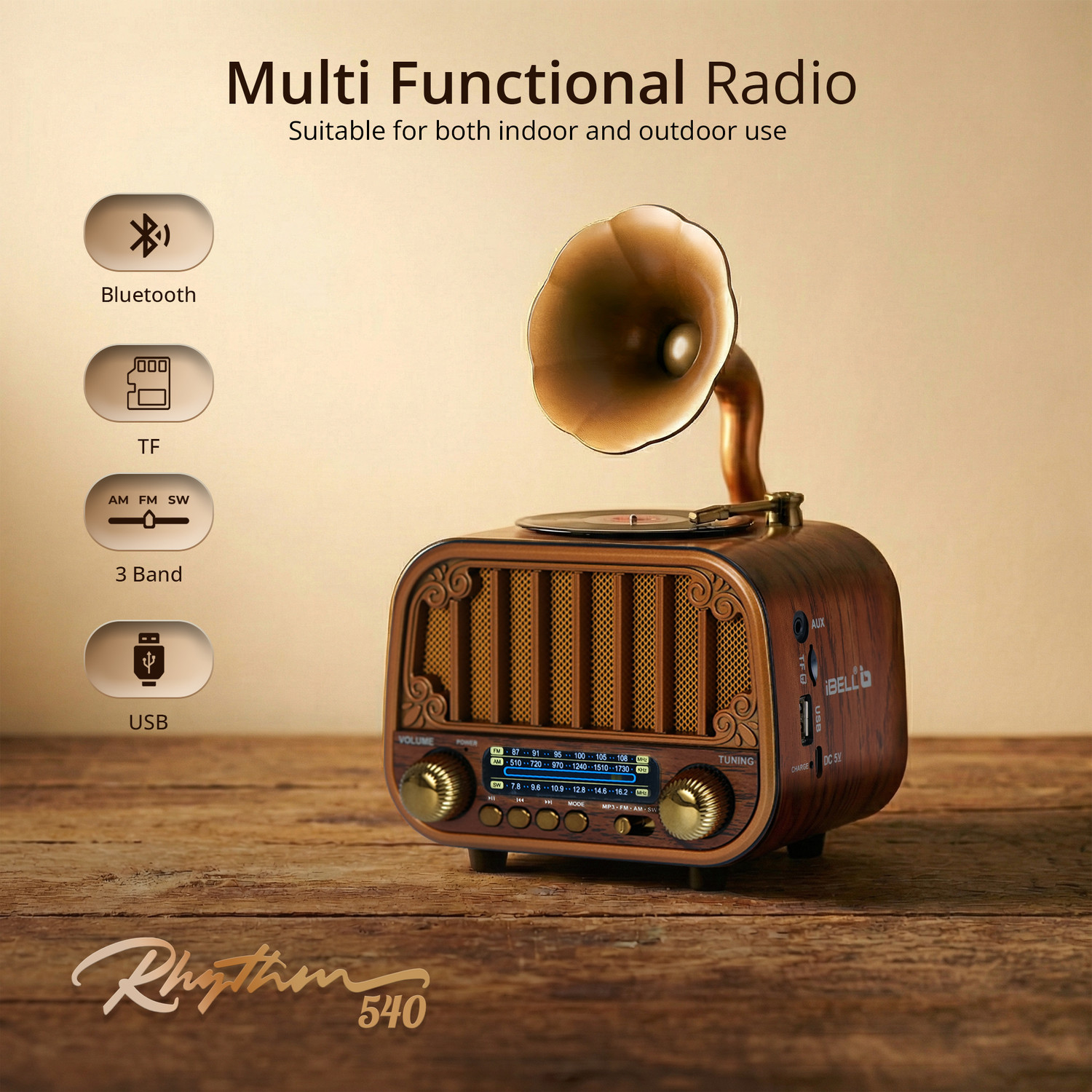 Image of iBELL FM Rhythm 540 Bluetooth FM Radio with USB, SD, MP3 Player, 3 Band FM Radio