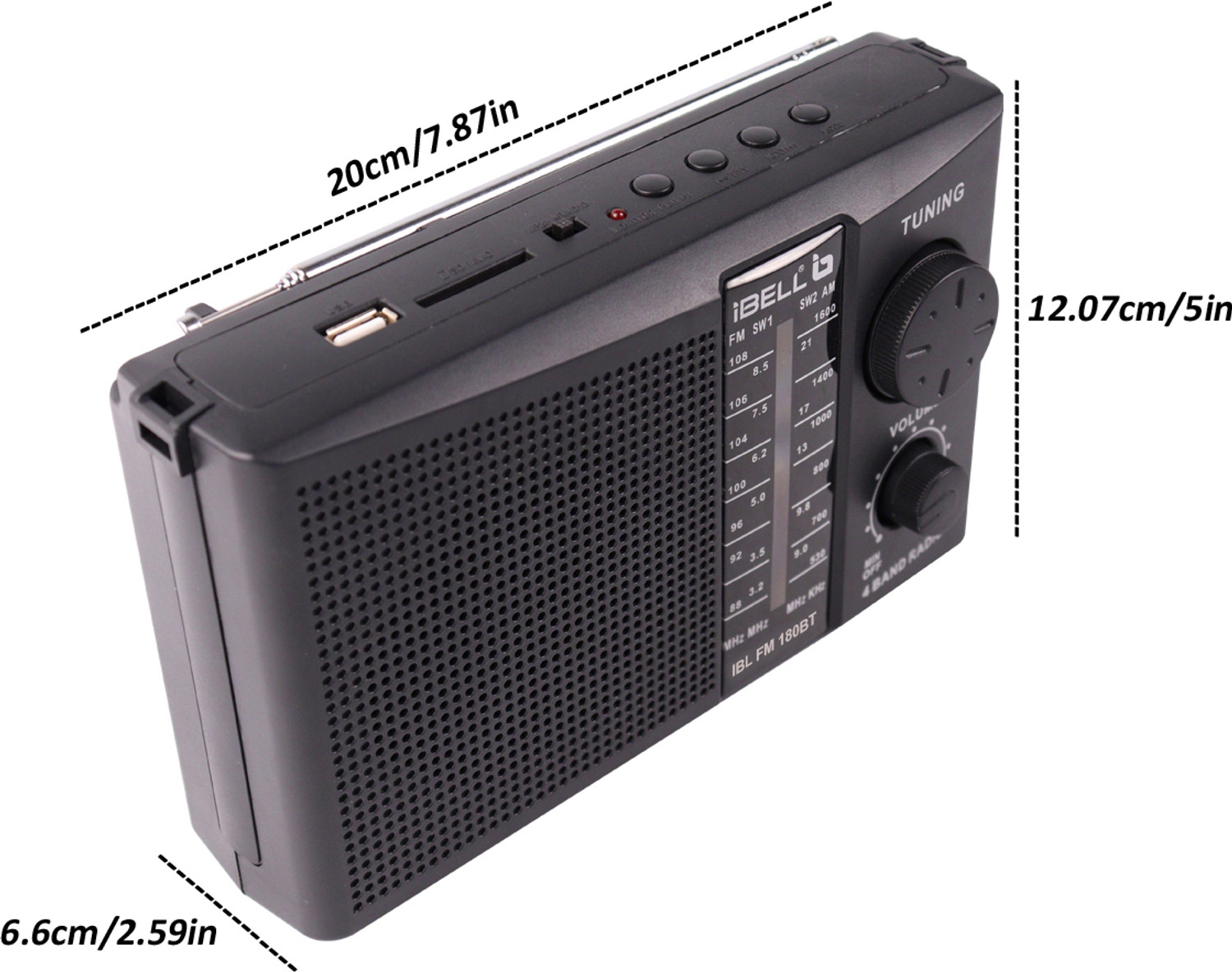 Image of iBELL 180BT Bluetooth,Dynamic Speaker, USB-SD-MP3 Player, 4-Band Portable Rechargeable FM Radio