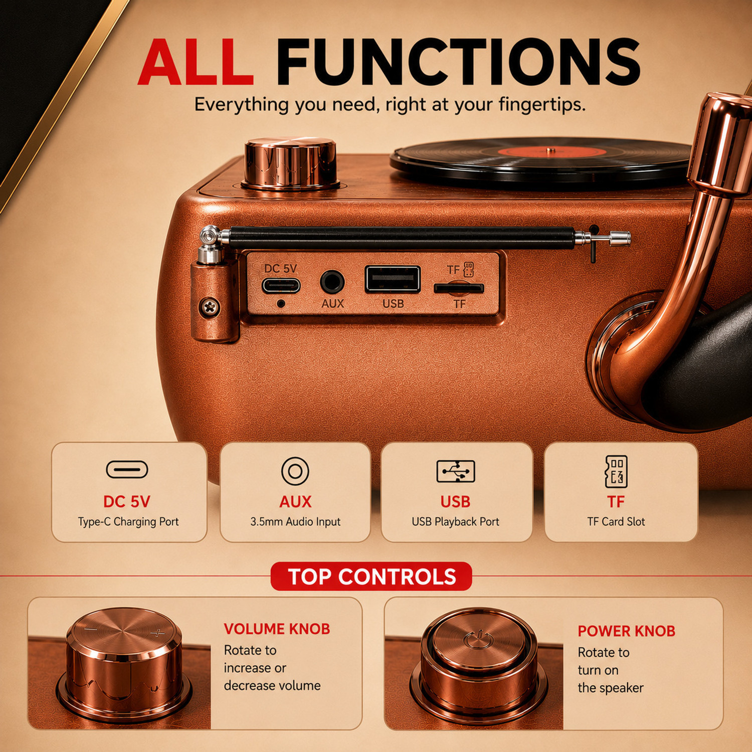 Image of fire turtle Retro Bluetooth FM Radio Speaker with USB Vintage Gramophone Music Player Brown FM Radio