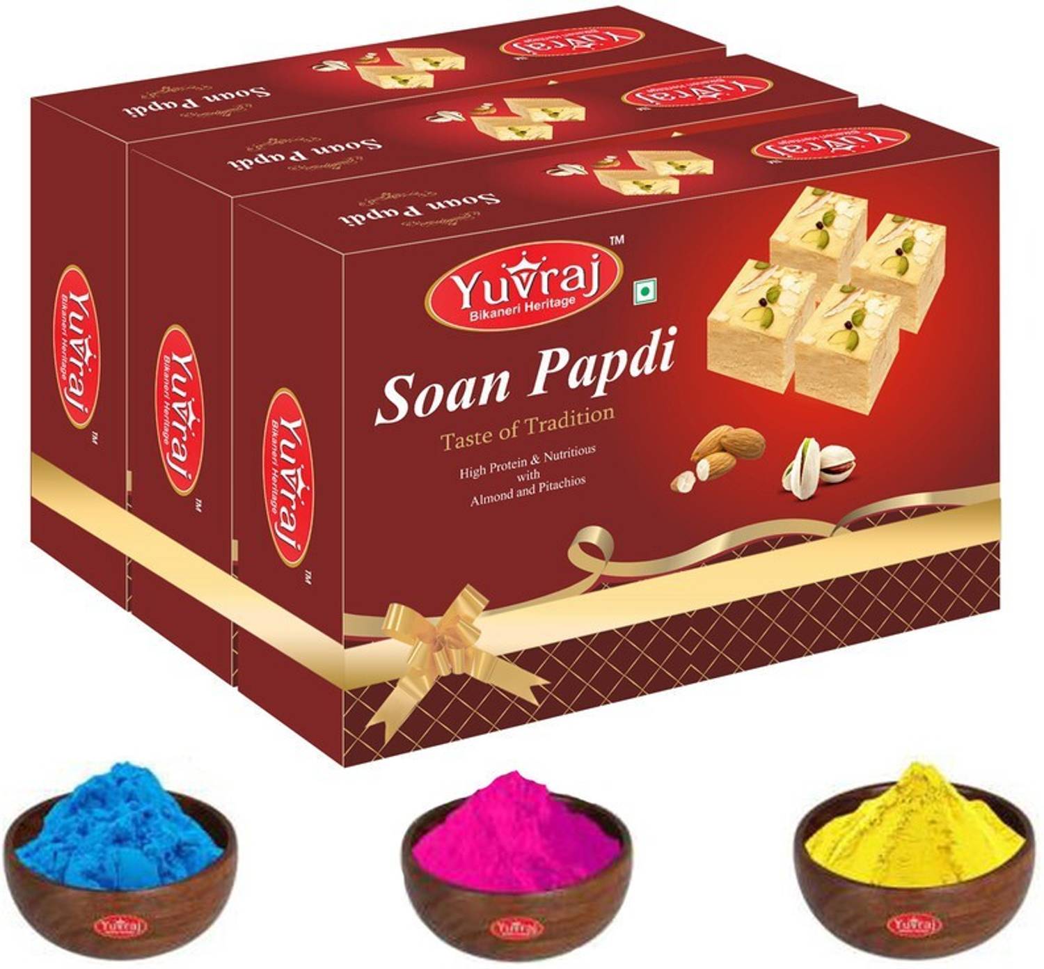 Yuvraj Food Product Sweets or holi colours Festival combo Soan papadi ( 200 gm x 3 ) Gulal pack Combo