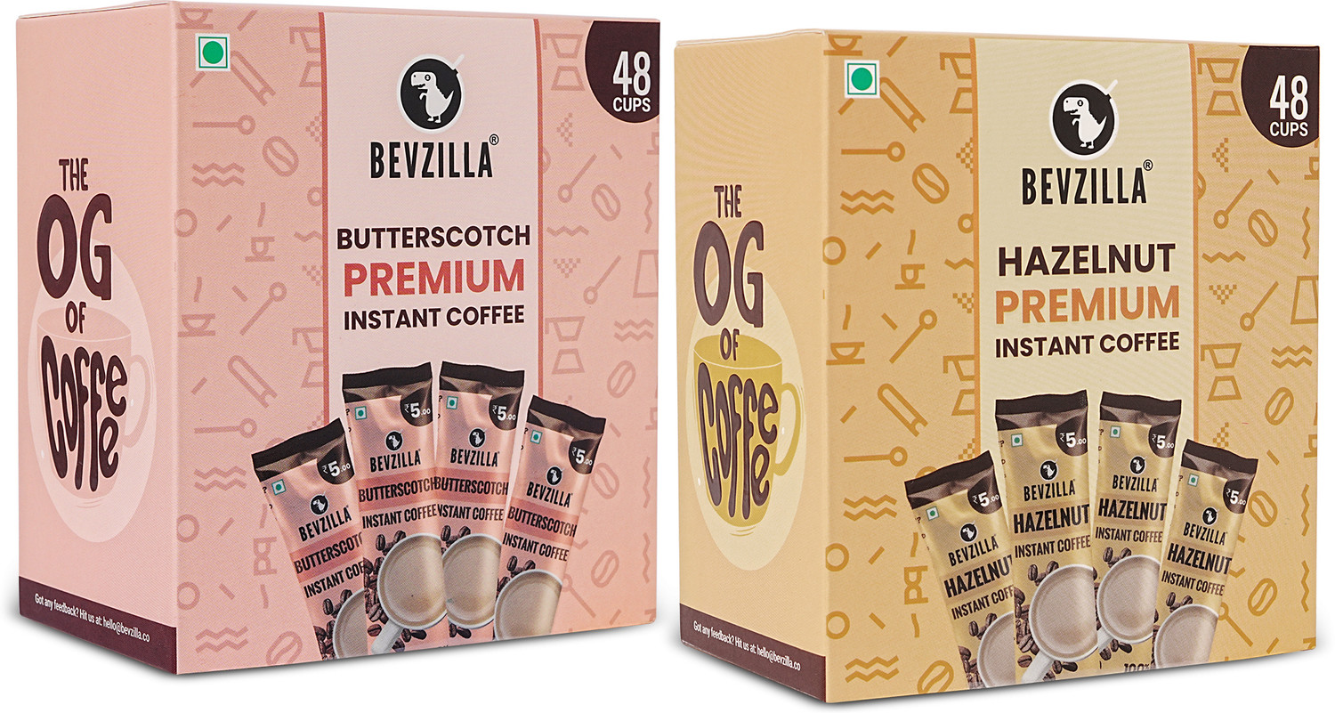 Image of Bevzilla Combo of 2 - 48 Butterscotch Coffee Sachet and 48 Hazelnut Coffee Sachet Combo