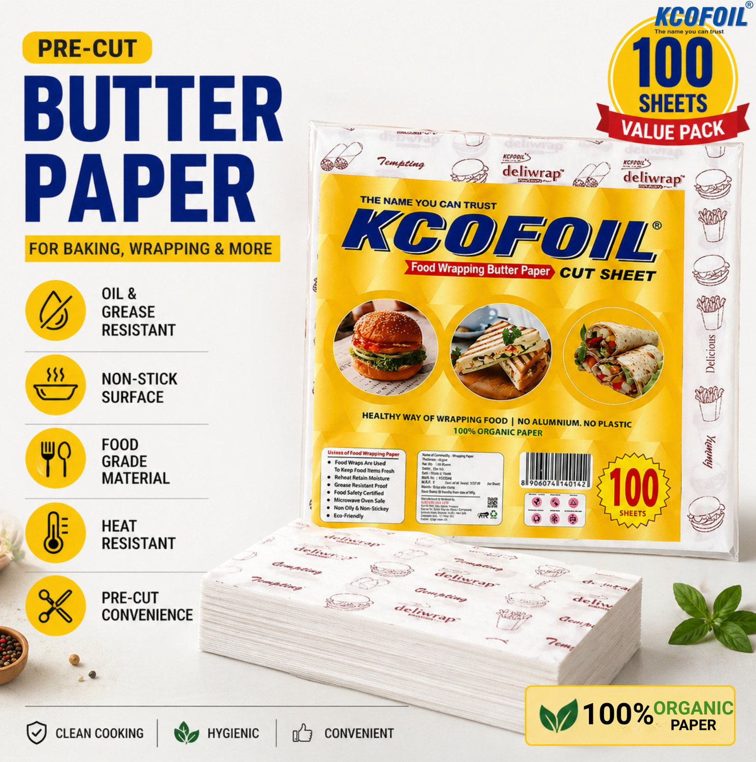 Image of Kcofoil Food Wrapping Butter Paper 100 Sheets 11x11 Inch, Non-Stick Greaseproof Parchment Paper