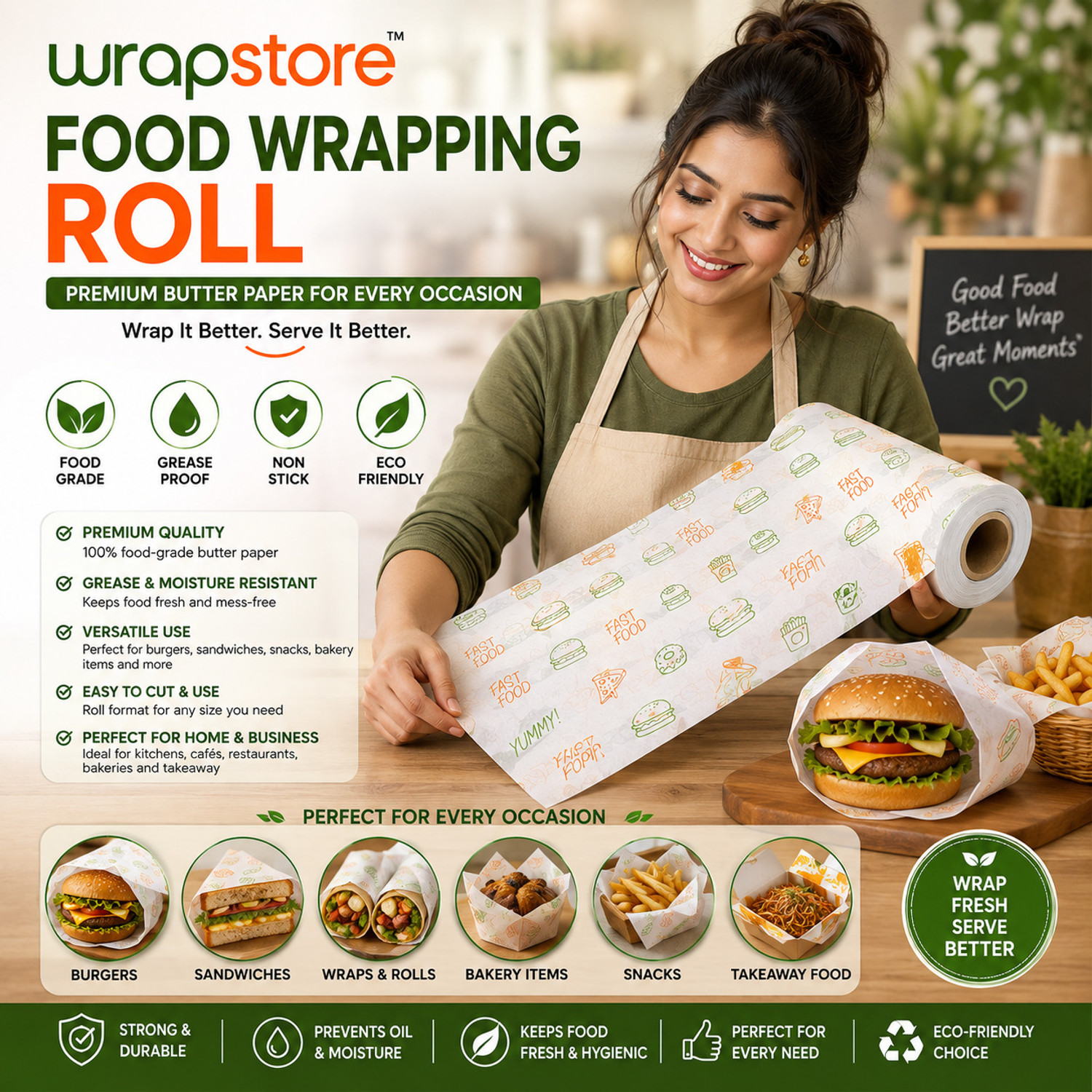 Image of WRAPSTORE 99m Food Grade Butter Paper Roll 1 Kg | Non-Stick Food Wrapping Paper Parchment Paper