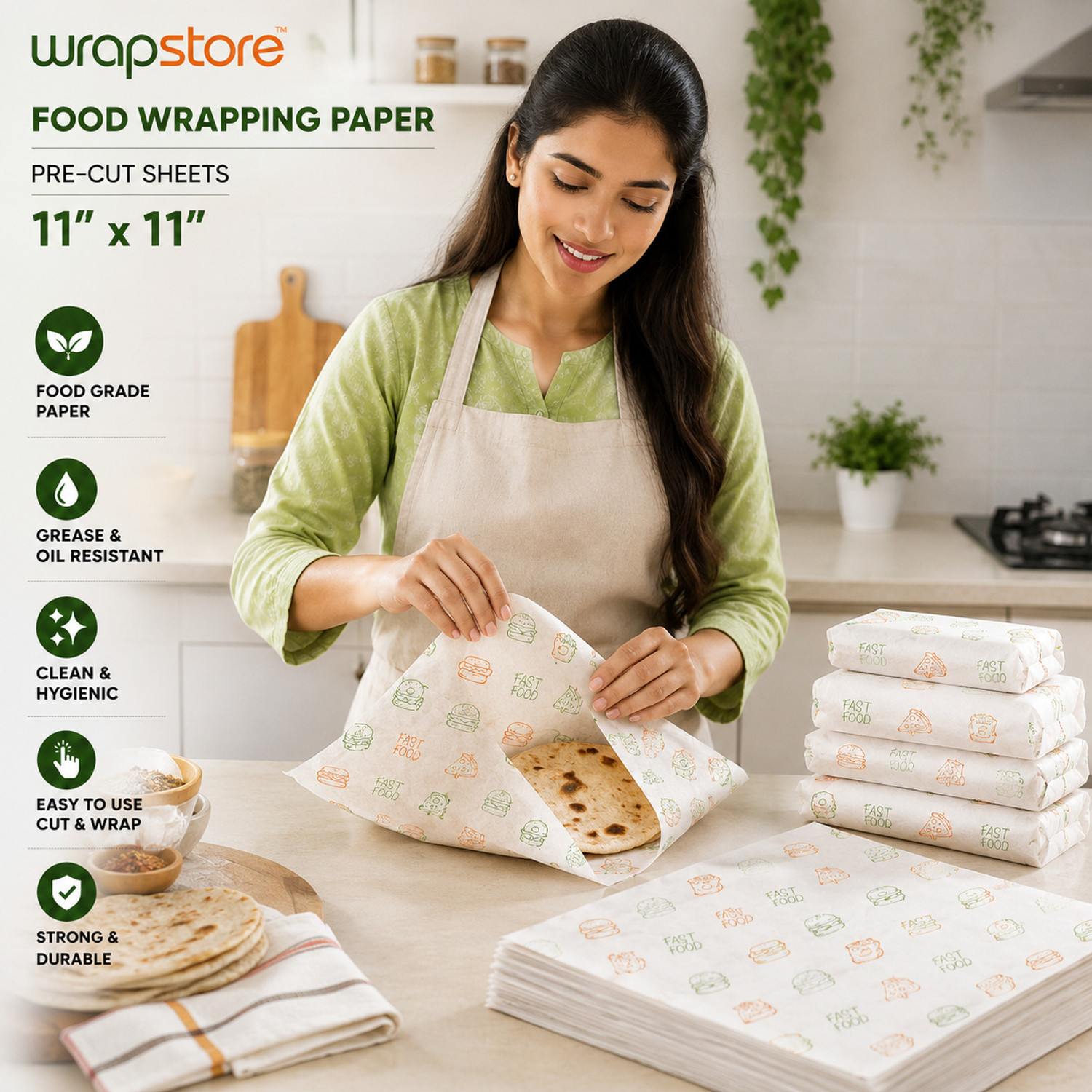 Image of WRAPSTORE 150 Pre-Cut Butter Paper Sheets | Non-Stick Food Wrapping for Snacks Parchment Paper