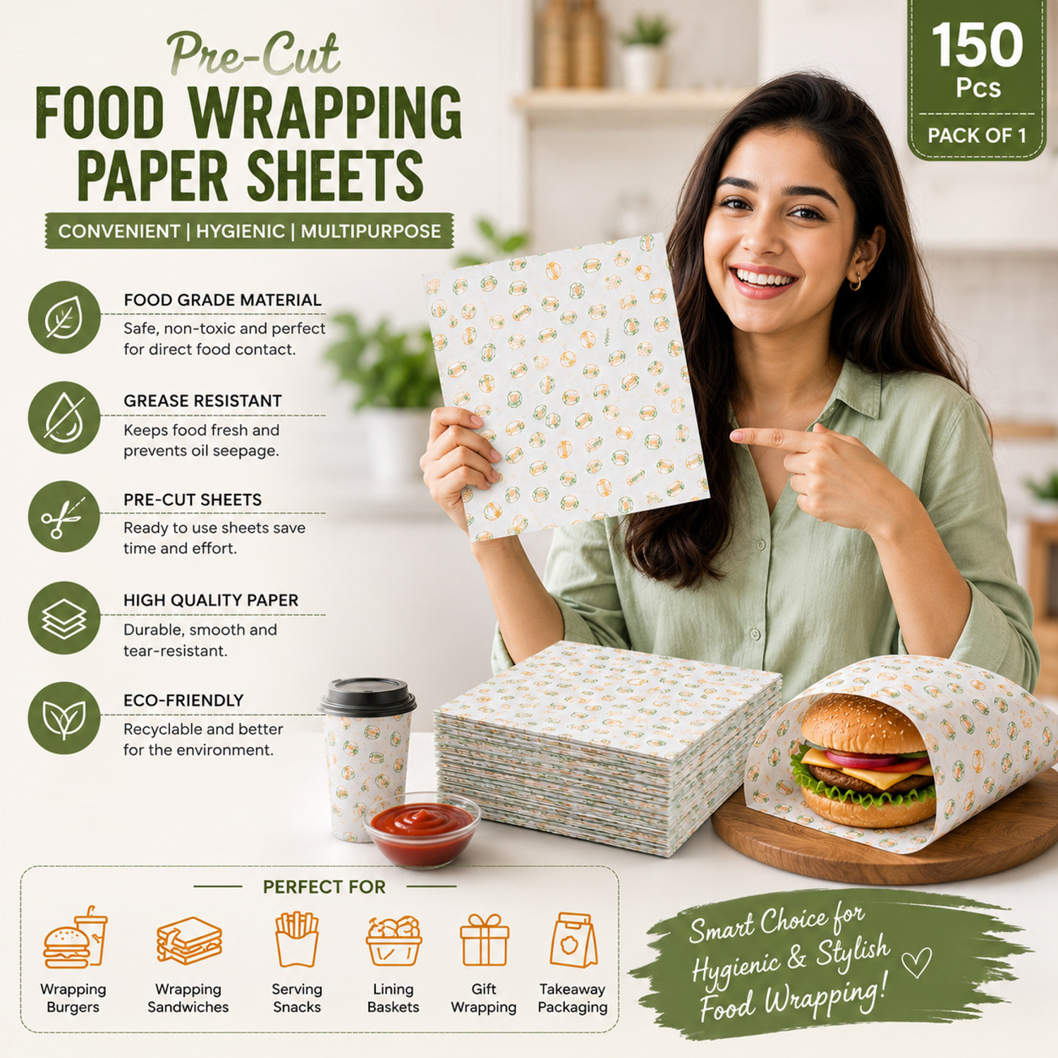 Image of WRAPSTORE 150 Pre-Cut Butter Paper Sheets | Non-Stick Food Wrapping for Snacks Parchment Paper