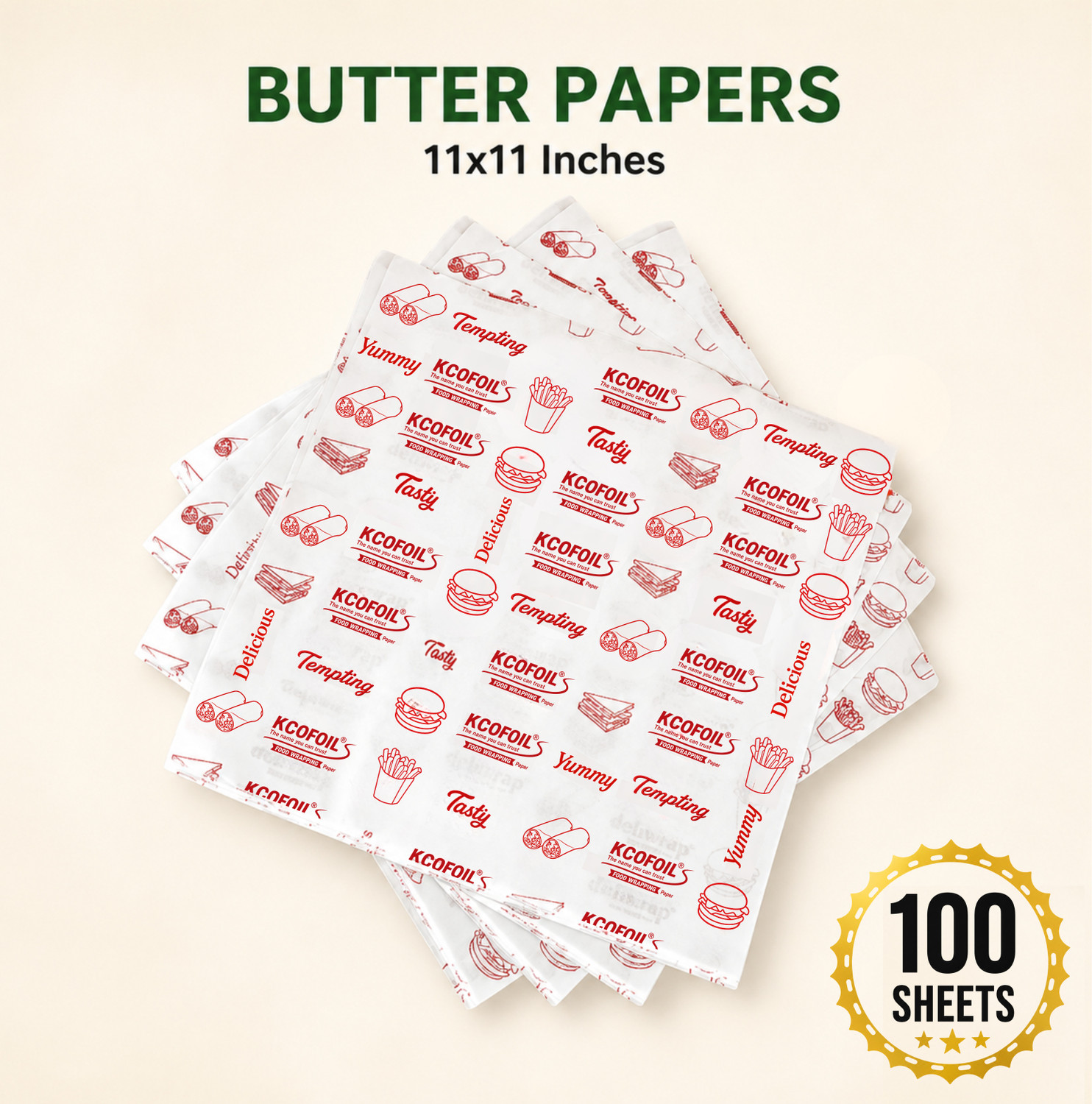 Image of Kcofoil Food Wrapping Butter Paper 100 Sheets 11x11 Inch, Non-Stick Greaseproof Parchment Paper
