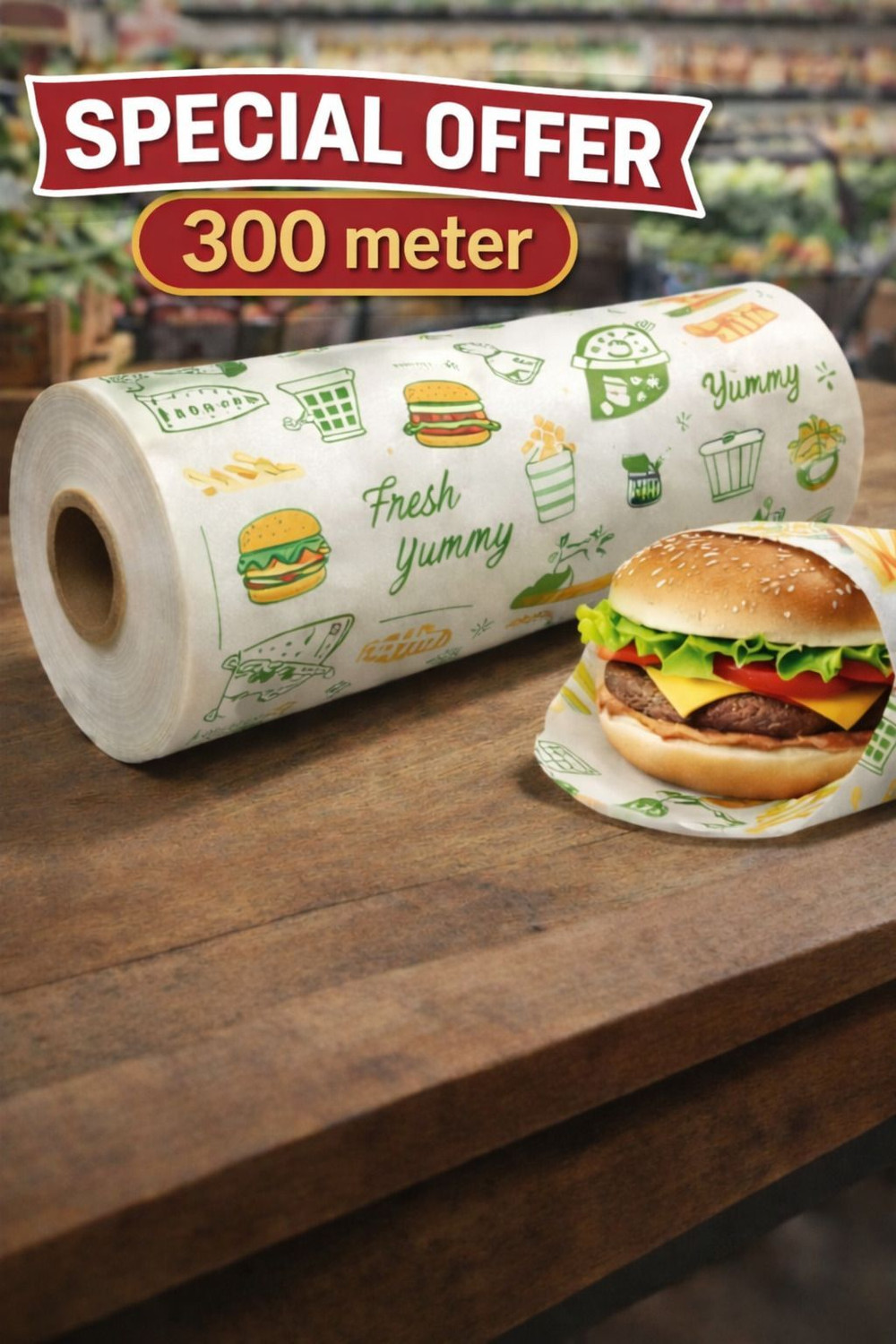 Image of VANSH 300 Meter Printed Food Wrapping Paper Roll | Food Grade & Greaseproof Paper Foil
