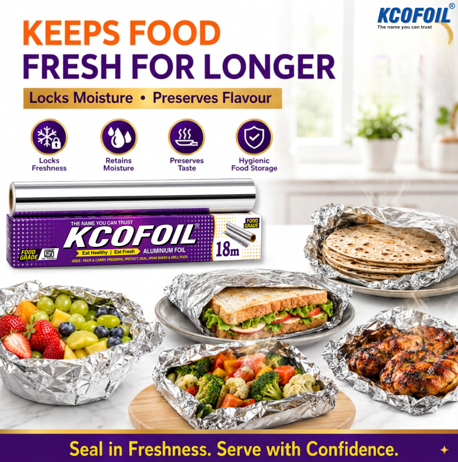 Image of Kcofoil Aluminium Foil 18 Mtr Roll | Heavy Duty Food Grade Kitchen Silver Wrapping Aluminium Foil
