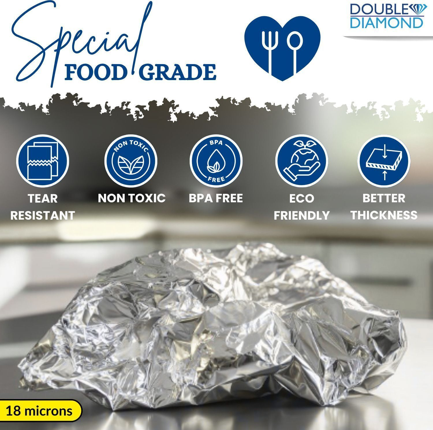 Image of DOUBLE DIAMOND Aluminium Foil Roll for Kitchen, Food Grade, 18M Aluminium Foil