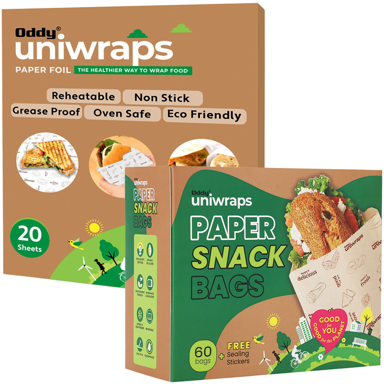 Image of Oddy Uniwraps food wrapping Paper 20Sheet & Snack Bags Pack of 60Bags| butter paper Paper Foil