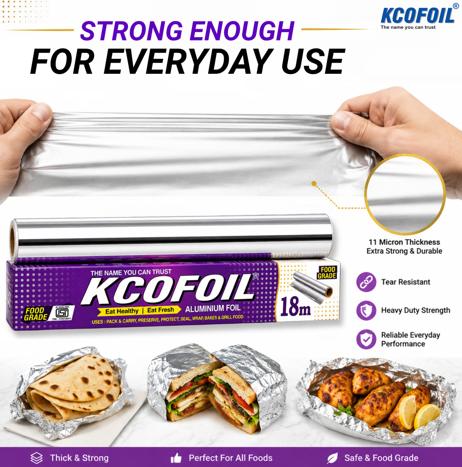 Image of Kcofoil Aluminium Foil 18 Mtr Roll | Heavy Duty Food Grade Kitchen Silver Wrapping Aluminium Foil
