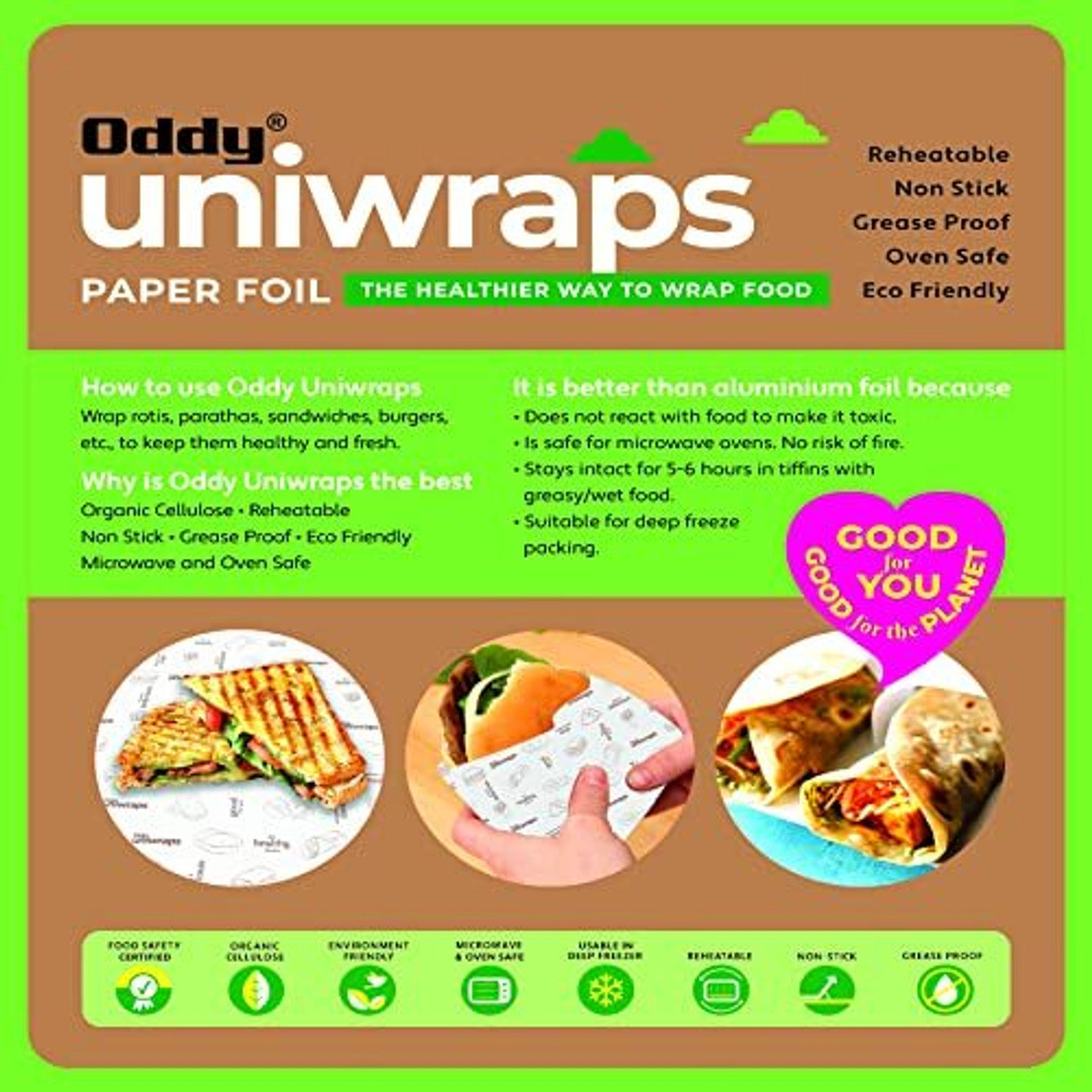 Image of Oddy Uniwraps food wrapping Paper 20Sheet & Snack Bags Pack of 60Bags| butter paper Paper Foil