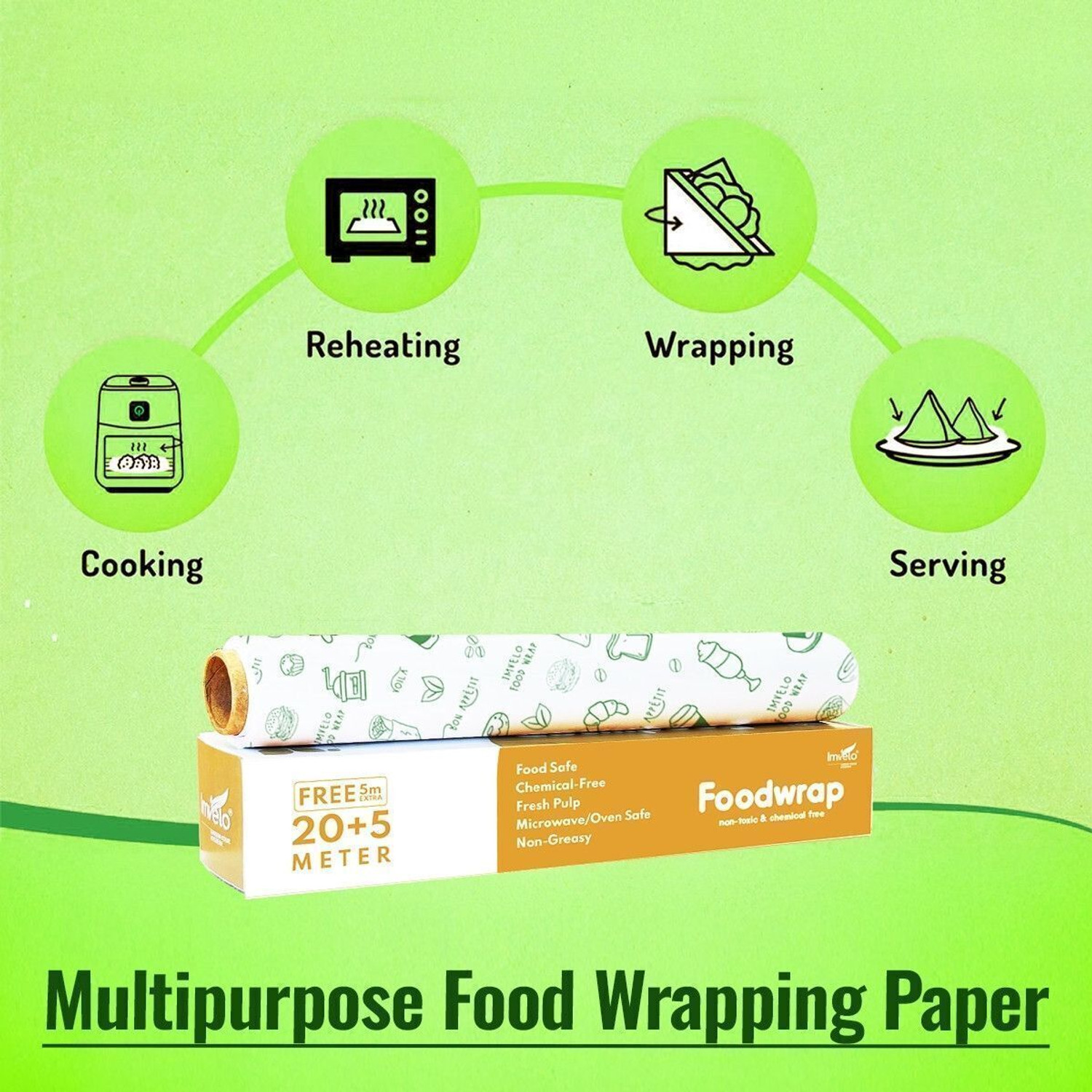 Image of IMVELO Food Wrapping Paper - Non-Stick, Reheatable Butter Paper Roll for Food Wrap Paper Foil