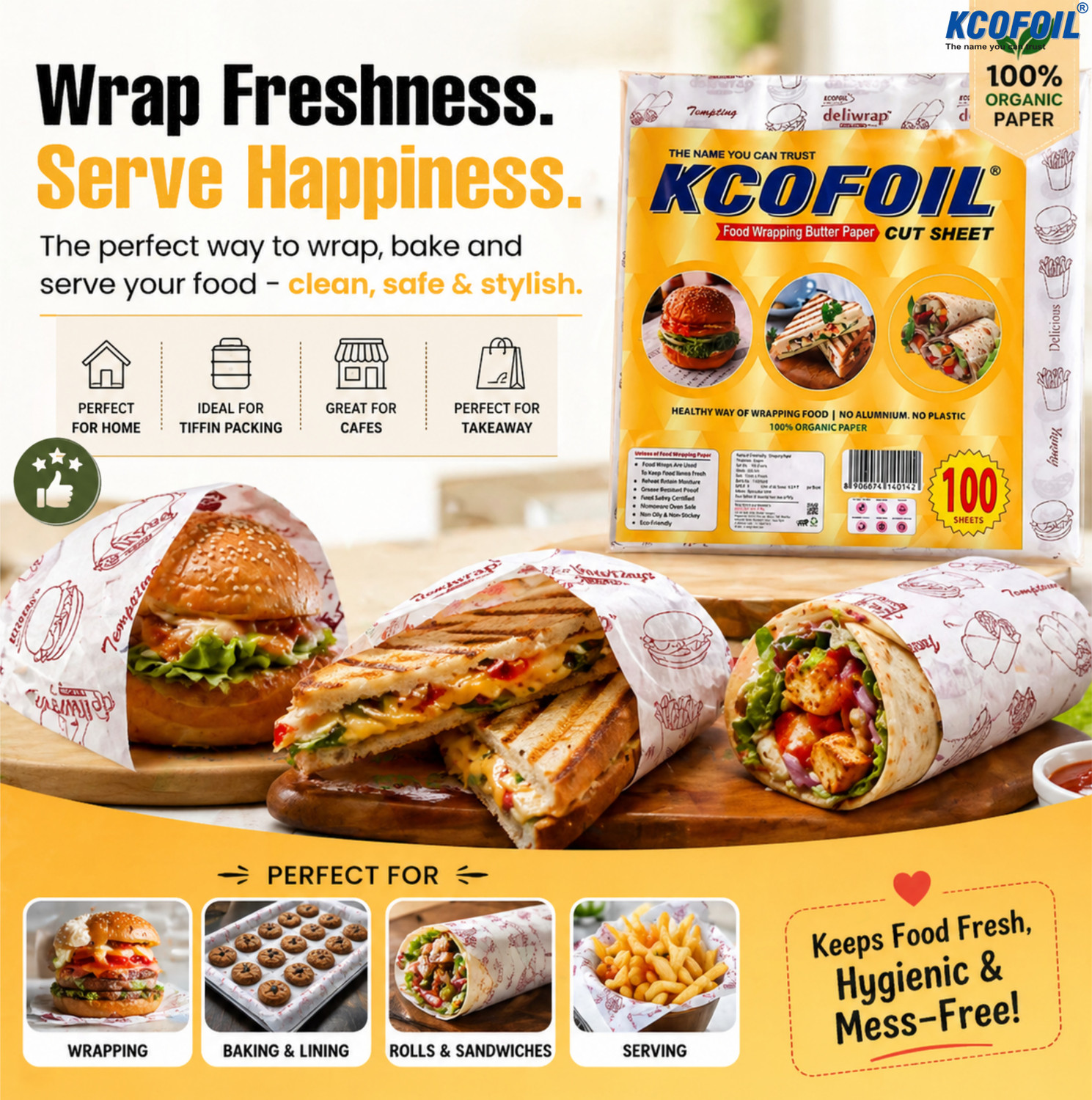 Image of Kcofoil Food Wrapping Butter Paper 100 Sheets 11x11 Inch, Non-Stick Greaseproof Parchment Paper