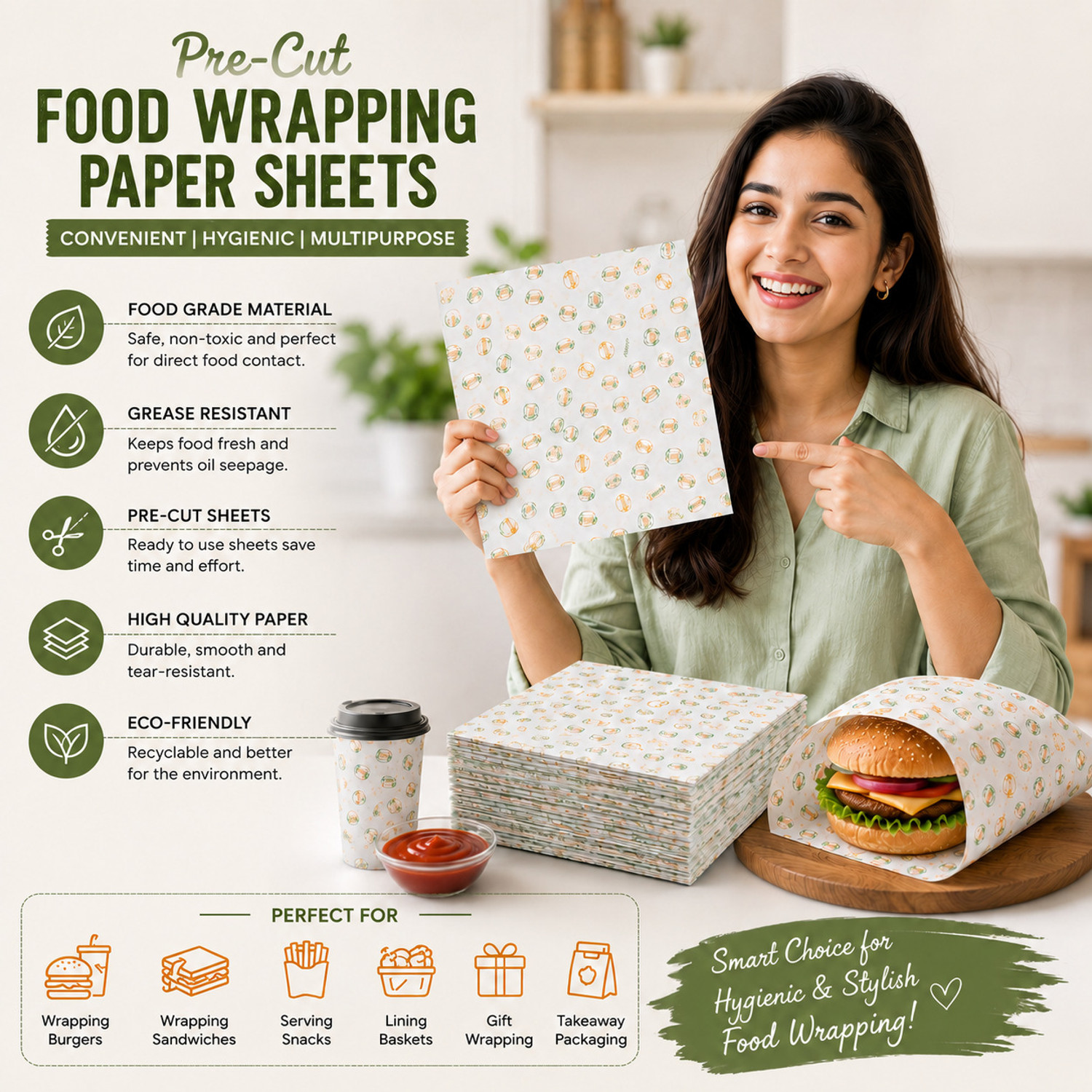 Image of WRAPSTORE 200 Pre-Cut Butter Paper Sheets | Non-Stick Food Wrapping for Snacks Parchment Paper