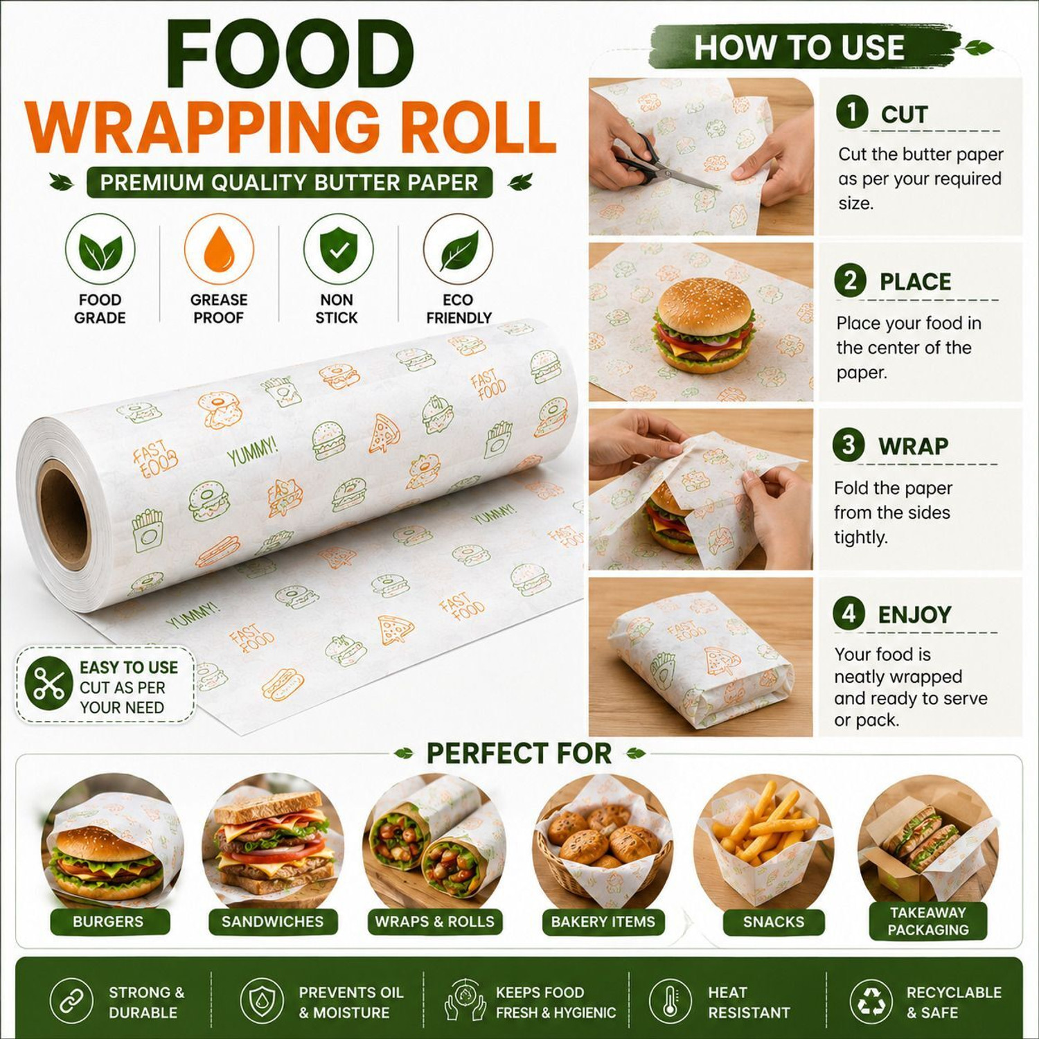 Image of WRAPSTORE 120m Food Grade Butter Paper Roll 120m | Non-Stick Food Wrapping Paper Parchment Paper