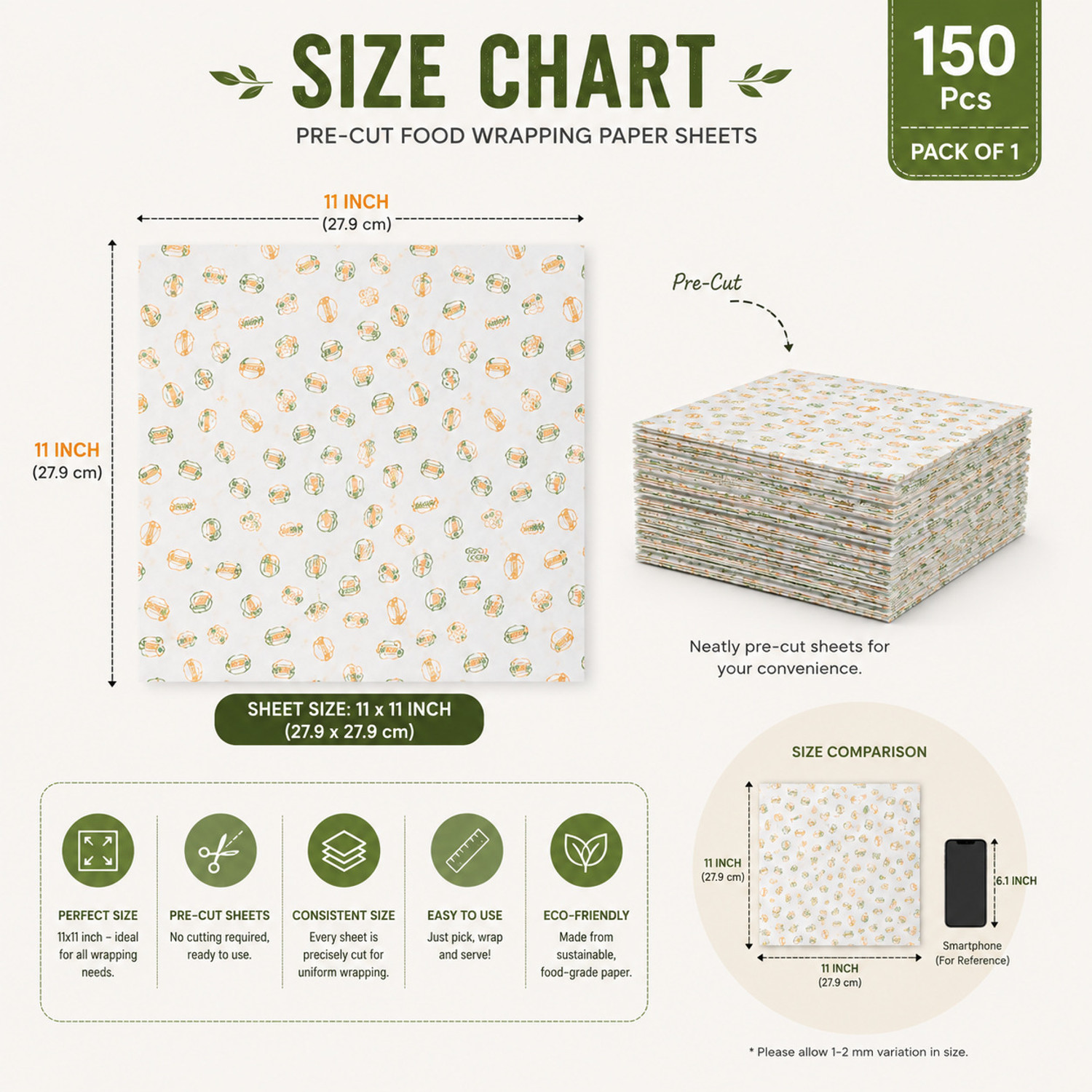 Image of WRAPSTORE 150 Pre-Cut Butter Paper Sheets | Non-Stick Food Wrapping for Snacks Parchment Paper