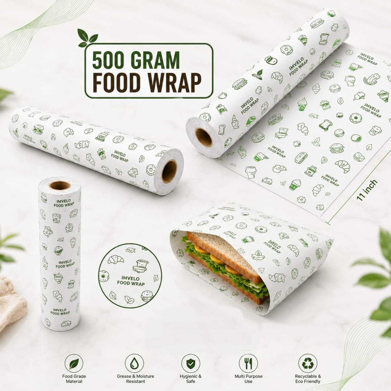 Image of IMVELO Food Wrapping Butter Paper - Non-Stick, Reheatable, Food-Safe 500 gm Paper Roll Paper Foil