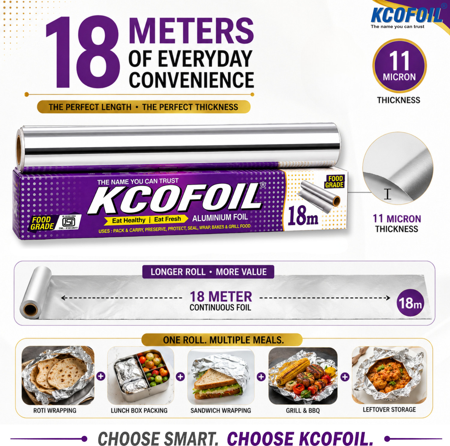 Image of Kcofoil Aluminium Foil 18 Mtr Roll | Heavy Duty Food Grade Kitchen Silver Wrapping Aluminium Foil