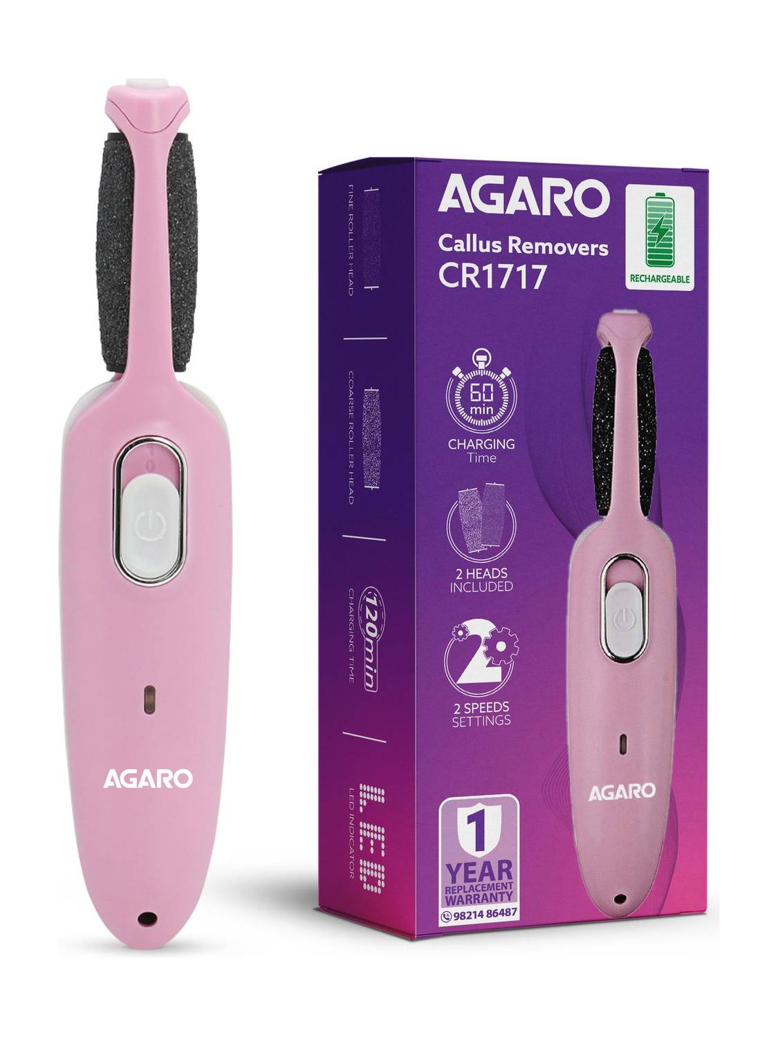 AGARO AG CR1717 Electric Callus Remover with 2 Replaceable Heads - Pink