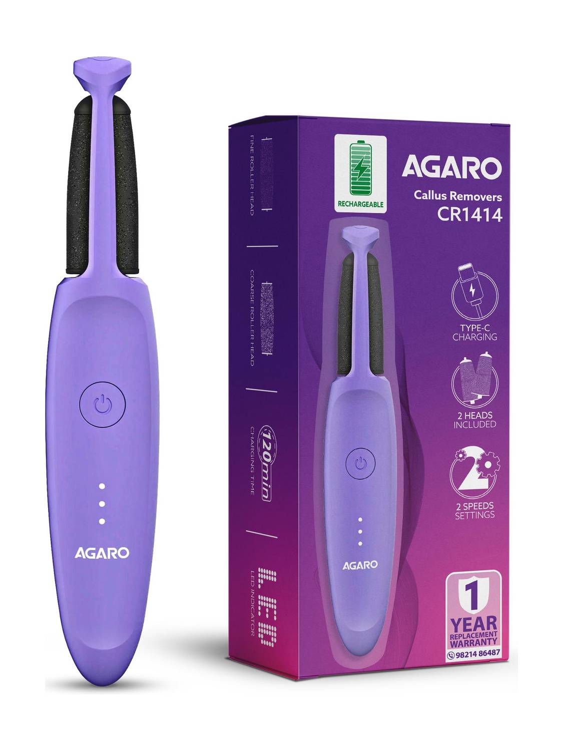 AGARO AG CR1414 Electric Callus Remover with 2 Replaceable Heads - Purple