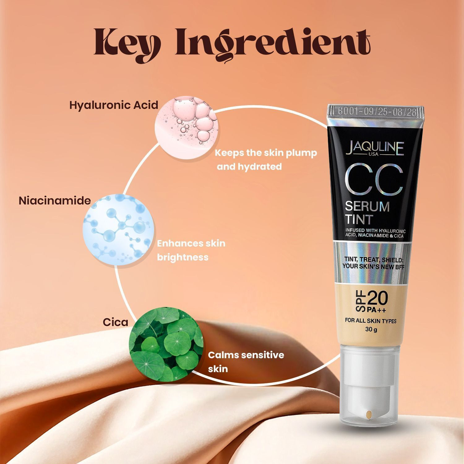 Image of JAQULINE USA CC Serum Tint With Niacinamide Hyaluronic Acid Hydrating SPF Smooths Brighten Foundation