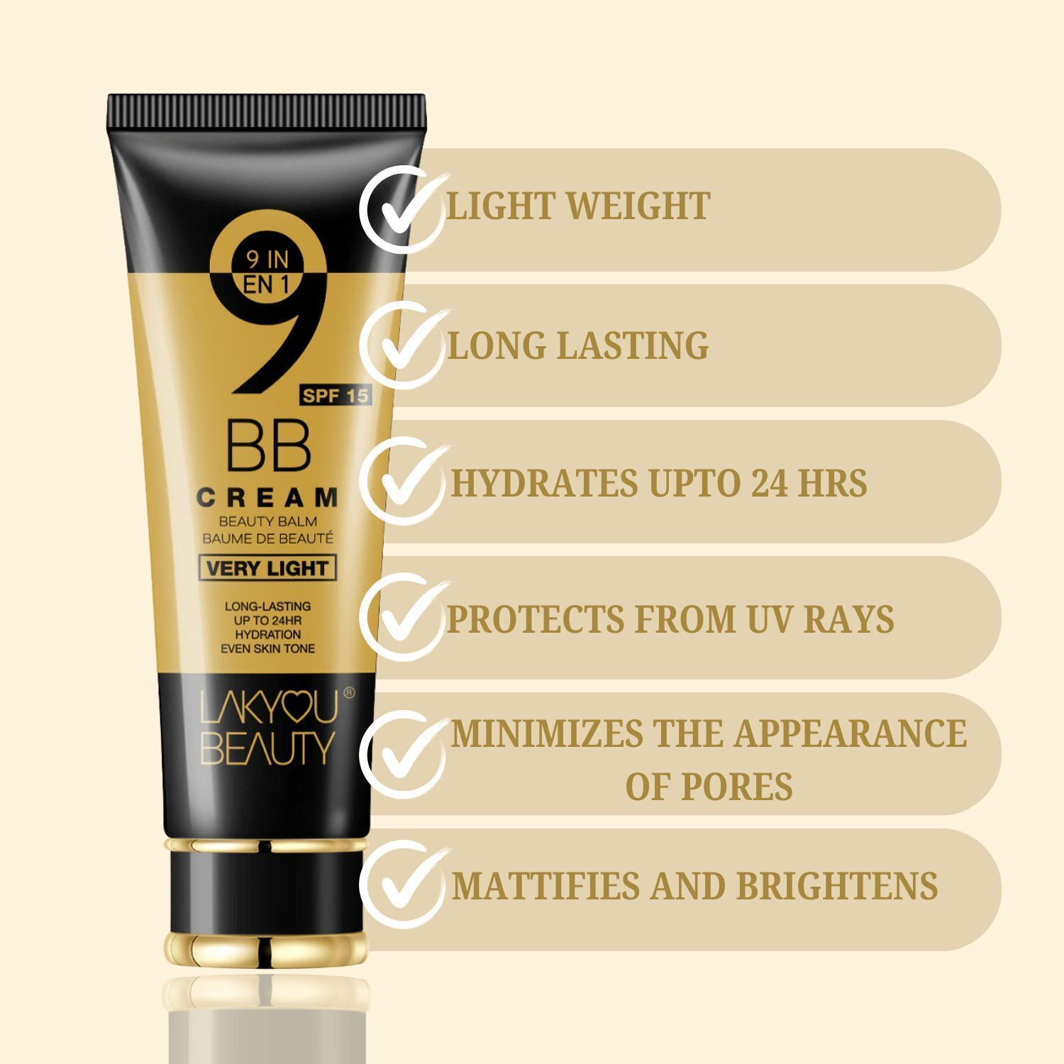 Image of Lakyou Beauty 9in1 BB Cream | Light Coverage | 24-Hour Wear | Hydration | SPF 15 | Even Tone Foundation