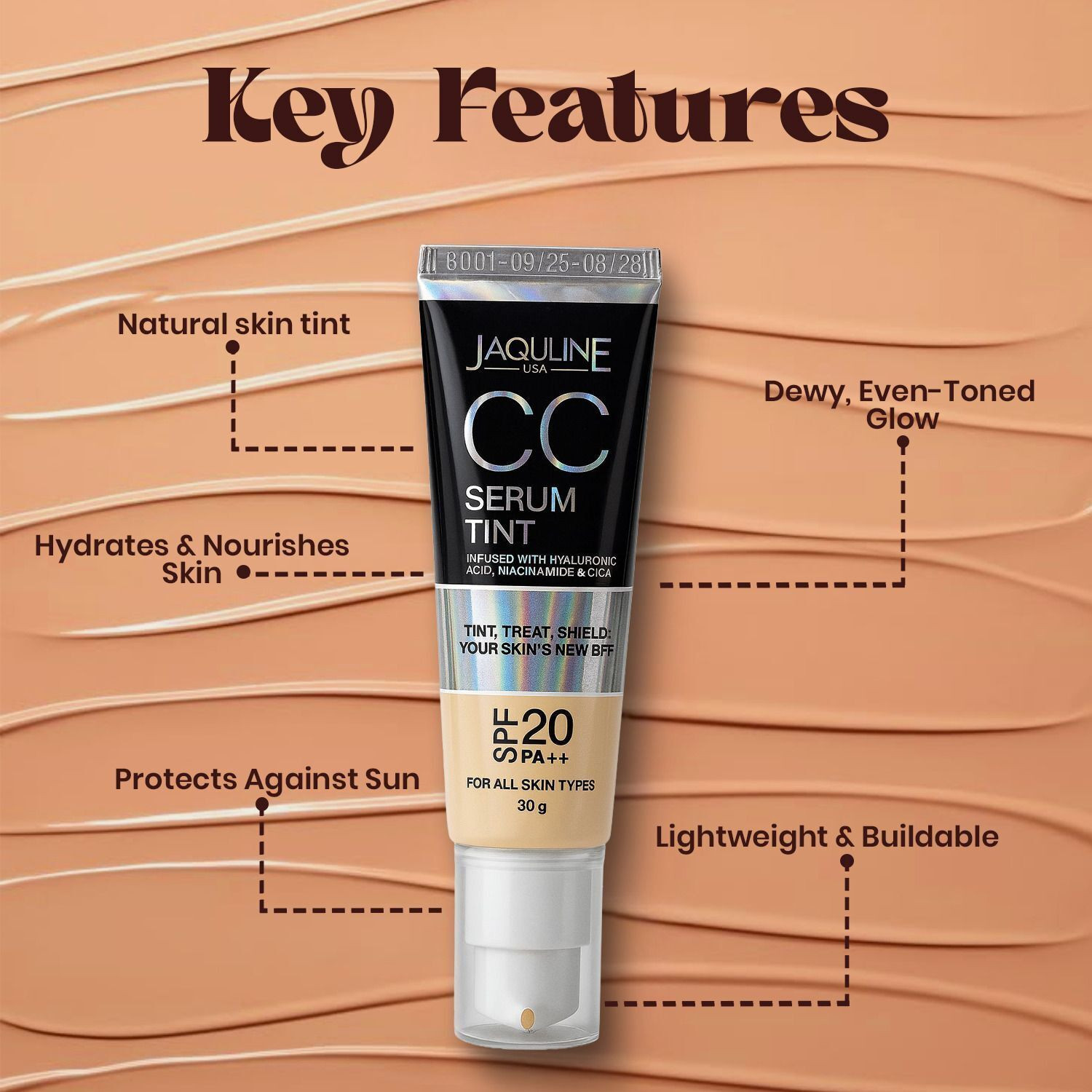 Image of JAQULINE USA CC Serum Tint With Niacinamide Hyaluronic Acid Hydrating SPF Smooths Brighten Foundation