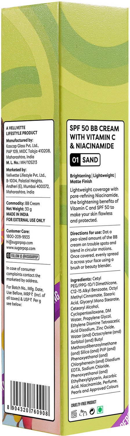 Image of SUGAR POP SPF 50 BB Cream with Vitamin C & Niacinamide 30gm Foundation (01 Sand, 30 g)