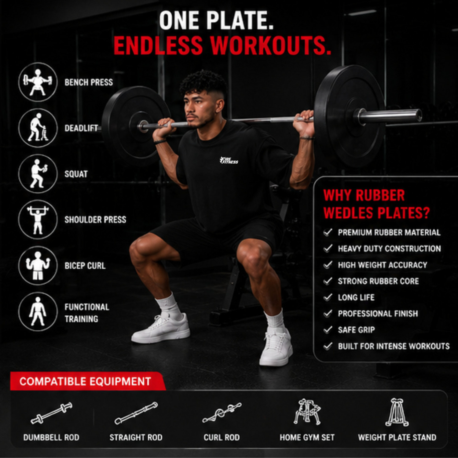 Image of FIRE FITNESS Rubber Gym Plate for Strength Training | Gym Set for Home Black Weight Plate (6 kg)