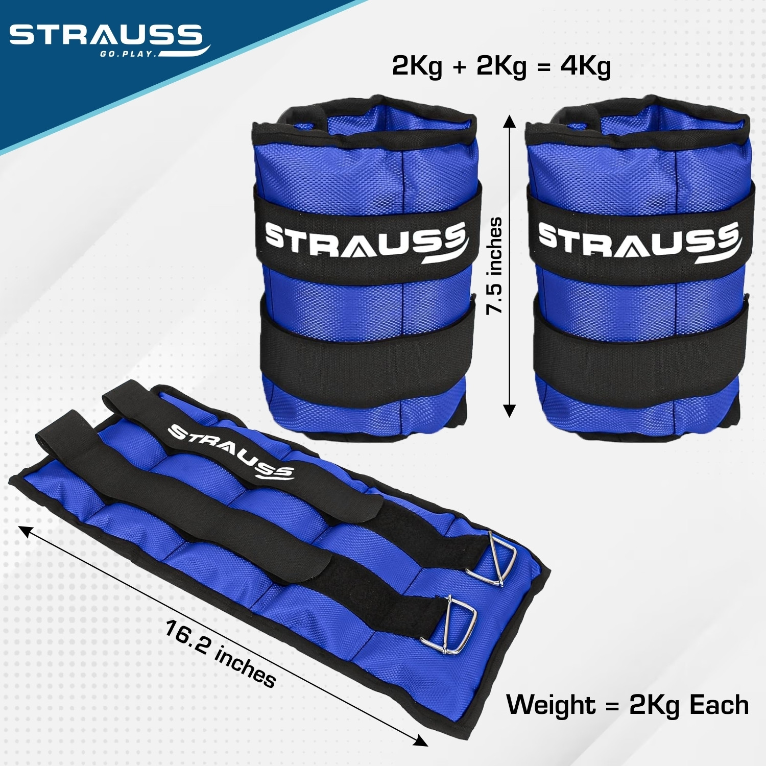Image of Strauss (2 Kg x 2) Ankle Weight | Wrist & Leg Weights Cuff, 2Kg Each, Pair Blue Ankle & Wrist Weight