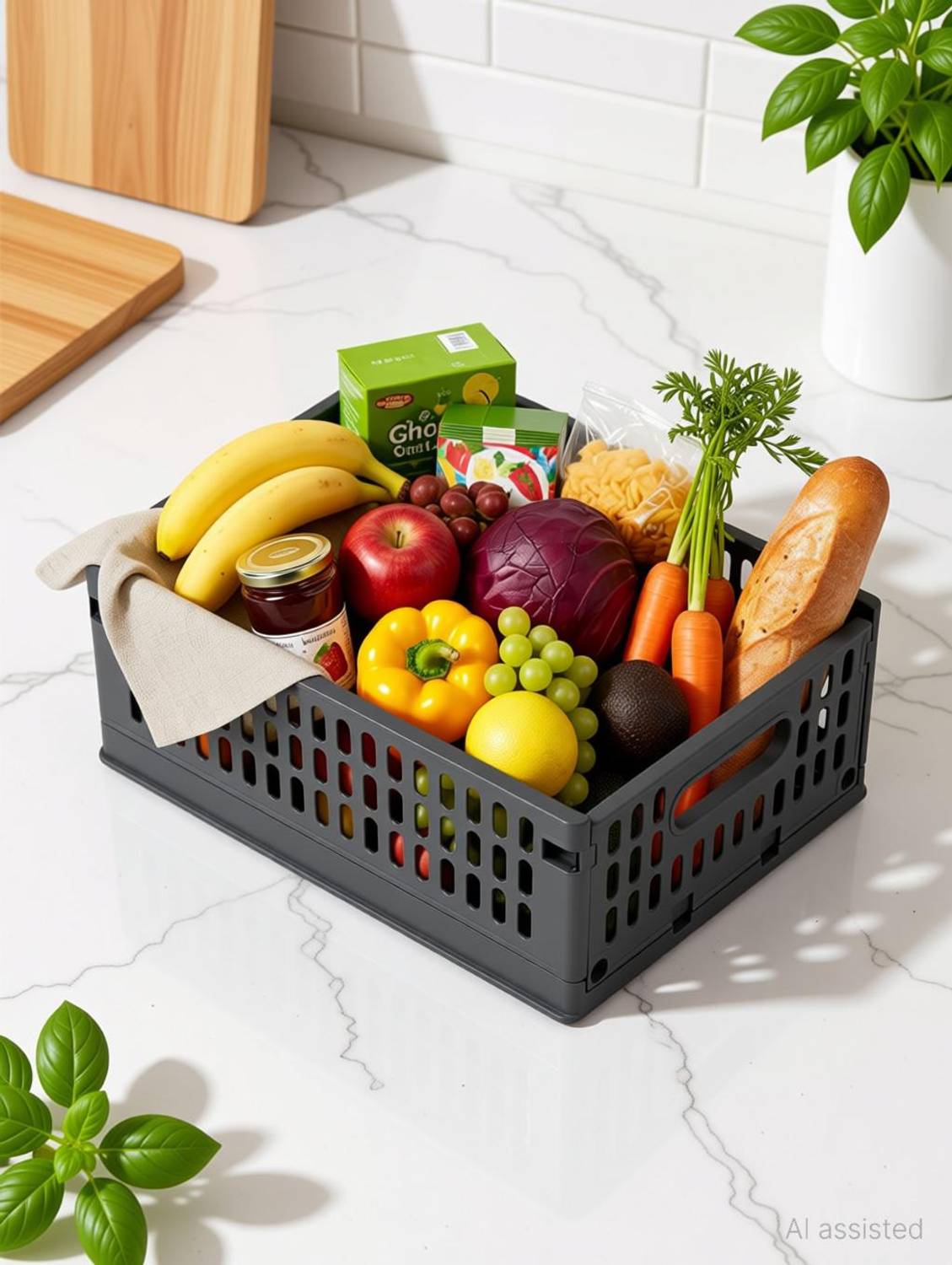 Aditya Polymers Stack-It-All Foldable Plastic Basket - Stack & Slide Design - Dark Grey - 1pc Plastic, Polypropylene Fruit & Vegetable Basket