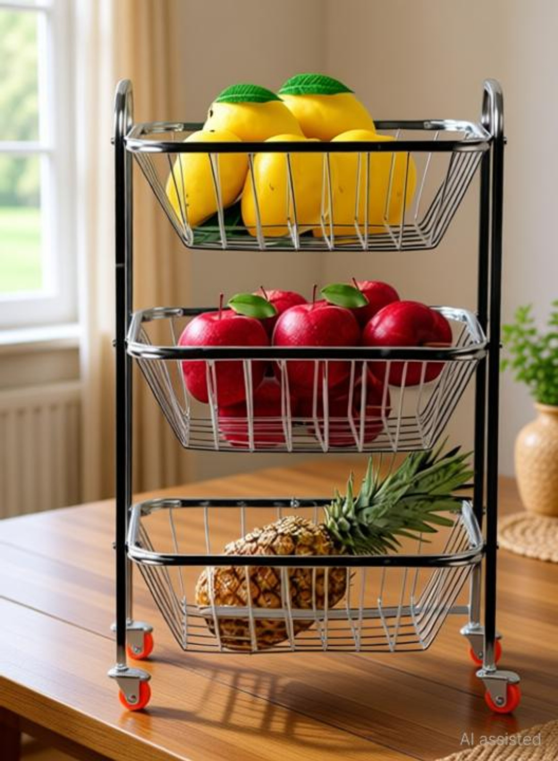 Image of WAYMORE 3-Tier Rack Fruits & Vegetable Onion Trolly Container Basket Organizer Holder Stainless Steel Fruit & Vegetable Basket