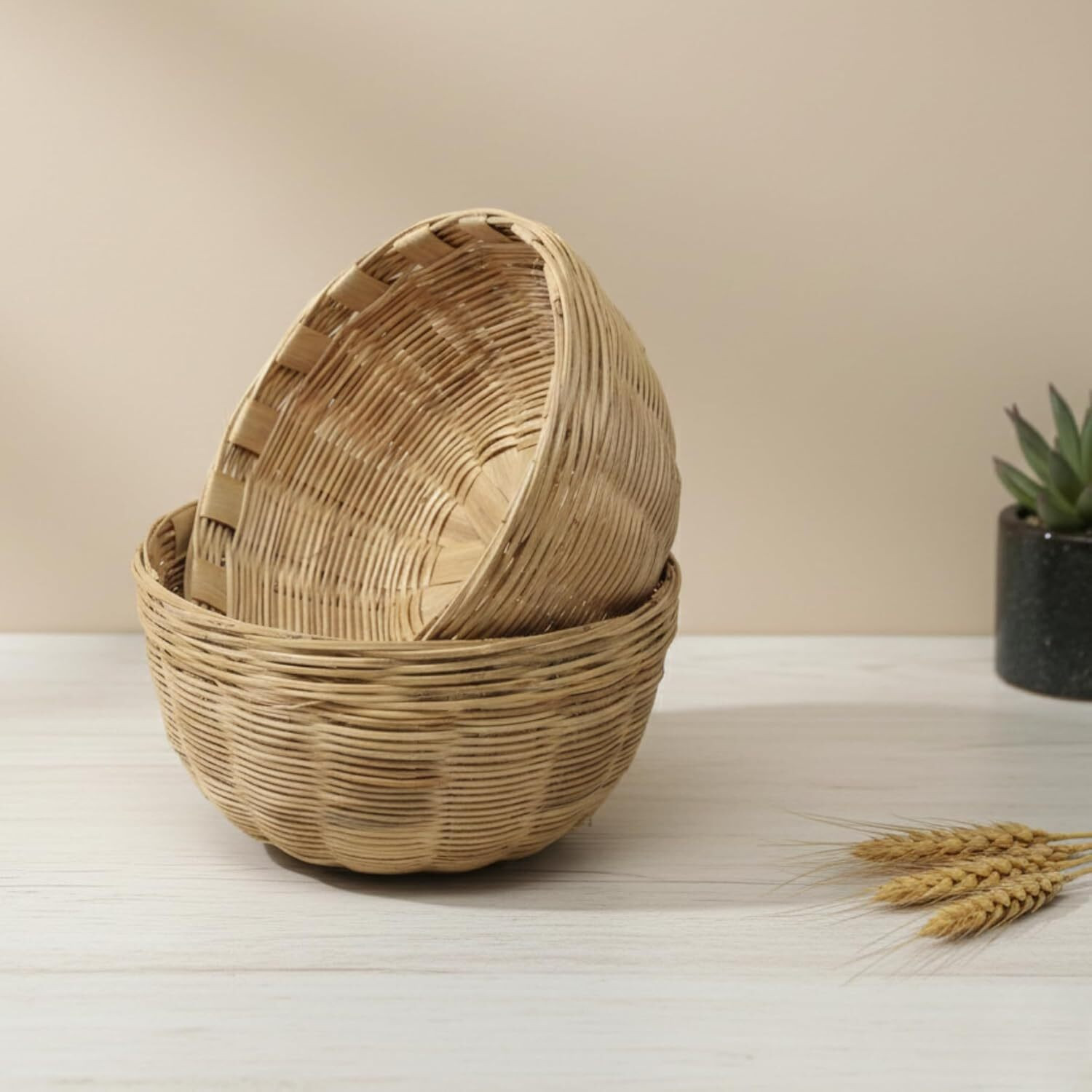 Image of SANGITAM Premium Handmade Bamboo Vegetable & Fruit Storage Basket |Kitchen Organizer | Bamboo Fruit & Vegetable Basket (Beige)