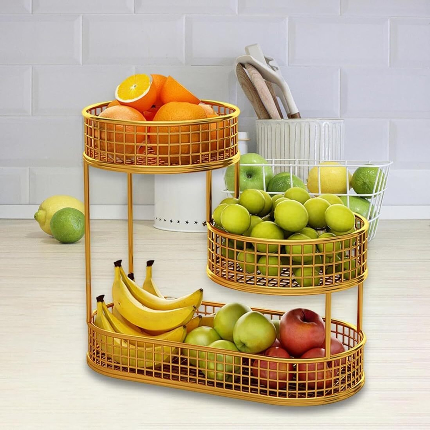 Image of GRADIENT ART 3-Tier Gold Metal Fruit & Vegetable Basket Stand Iron Fruit & Vegetable Basket