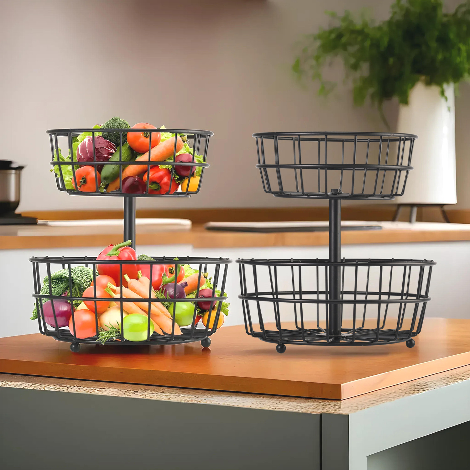Image of KUBER INDUSTRIES Pack of 2 Metal 2-Layer Storage Basket & Circular Countertop Side Stand | Black Iron Fruit & Vegetable Basket