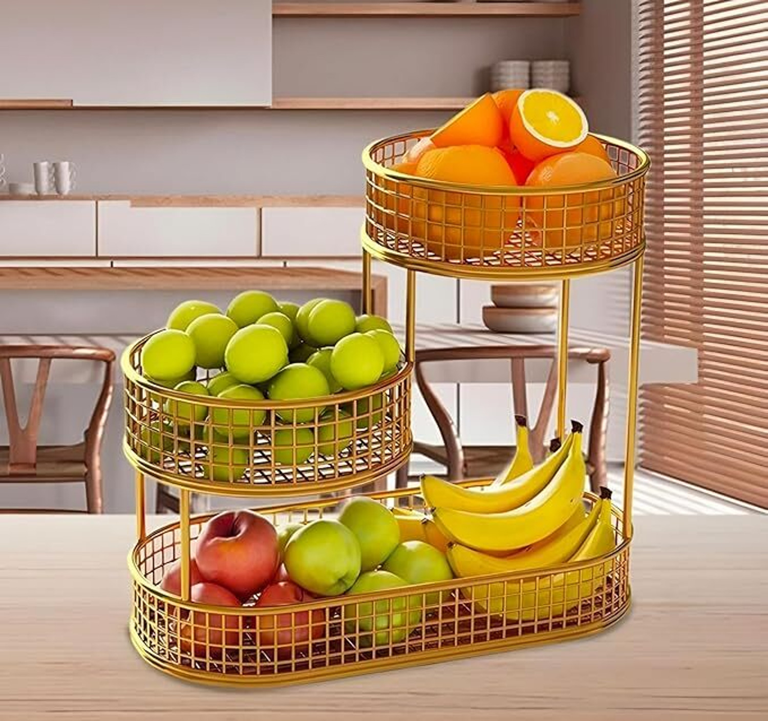 Image of GRADIENT ART 3-Tier Gold Metal Fruit & Vegetable Basket Stand Iron Fruit & Vegetable Basket