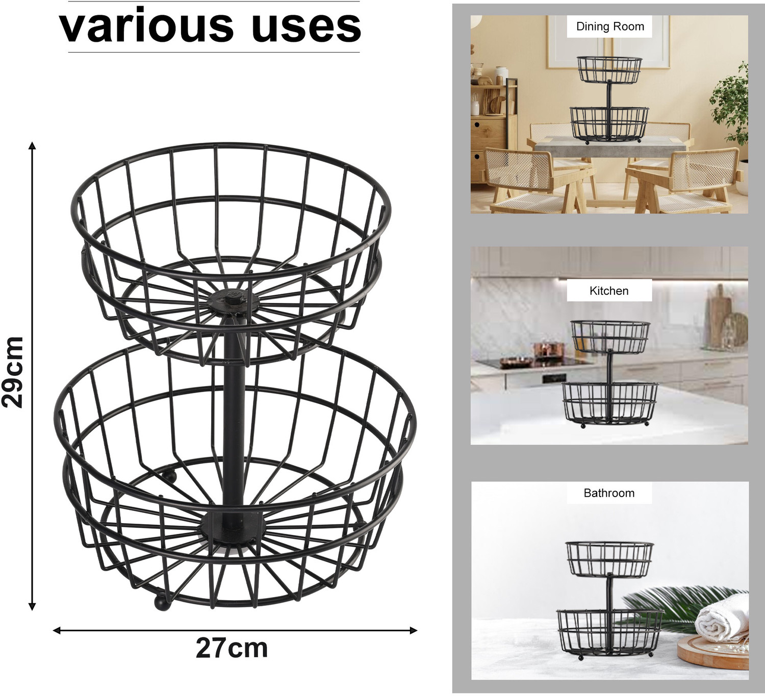 Image of KUBER INDUSTRIES Pack of 2 Metal 2-Layer Storage Basket & Circular Countertop Side Stand | Black Iron Fruit & Vegetable Basket